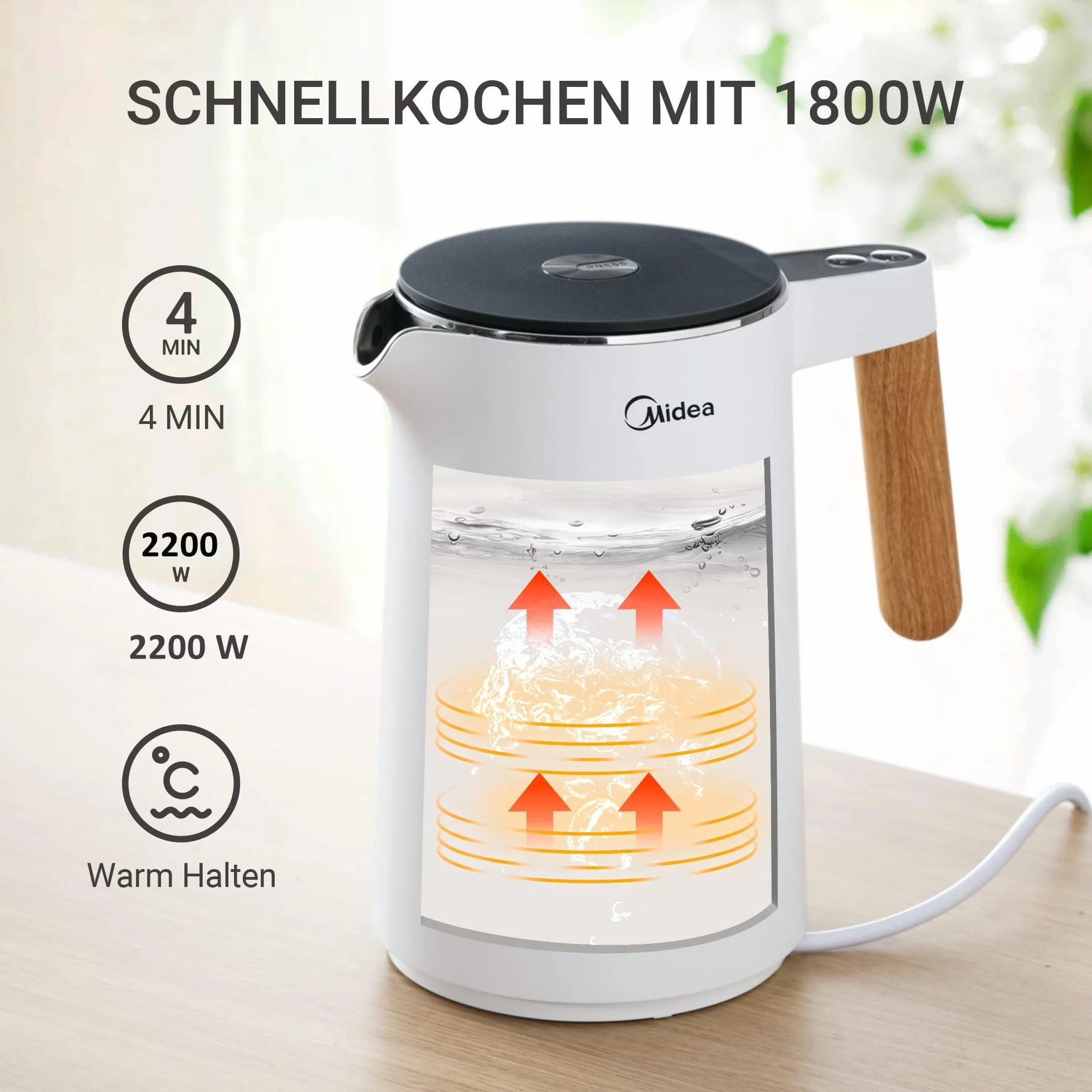 Midea Czajnik elektryczny ze stali nierdzewnej z regulacją temperatury, 1,5 litra, 2200 W, biały czajnik do herbaty ze wskaźnikiem temperatury i funkcjami bezpieczeństwa, nie zawiera BPA