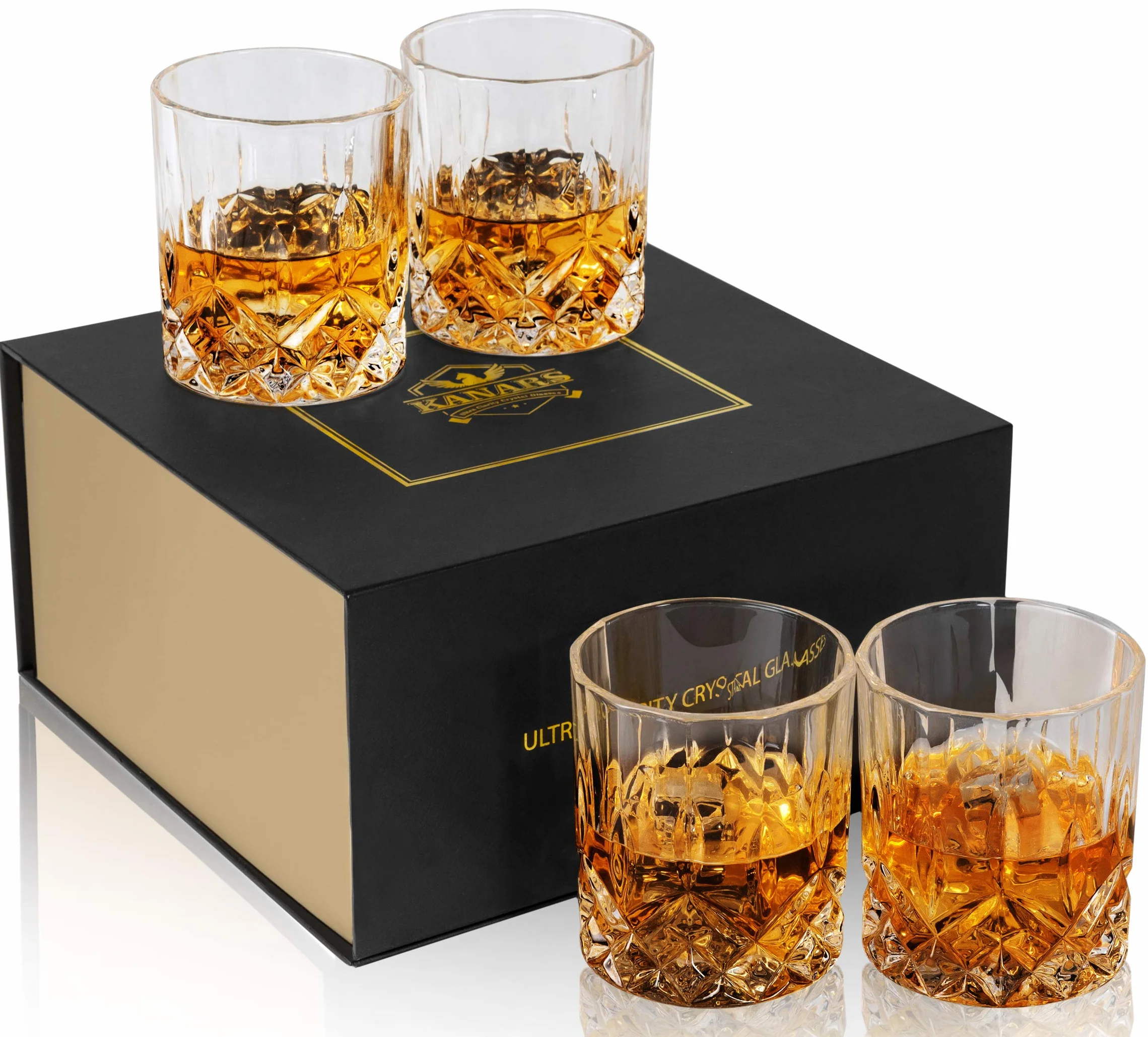KANARS Zestaw Szklanek do Whisky, CKryształ Szkło Whisky 300 ml do Bourbon, Tequila, Koktajl, Koniak, Martini, Zestaw 4 Sztuk, Pudełko Upominkowe