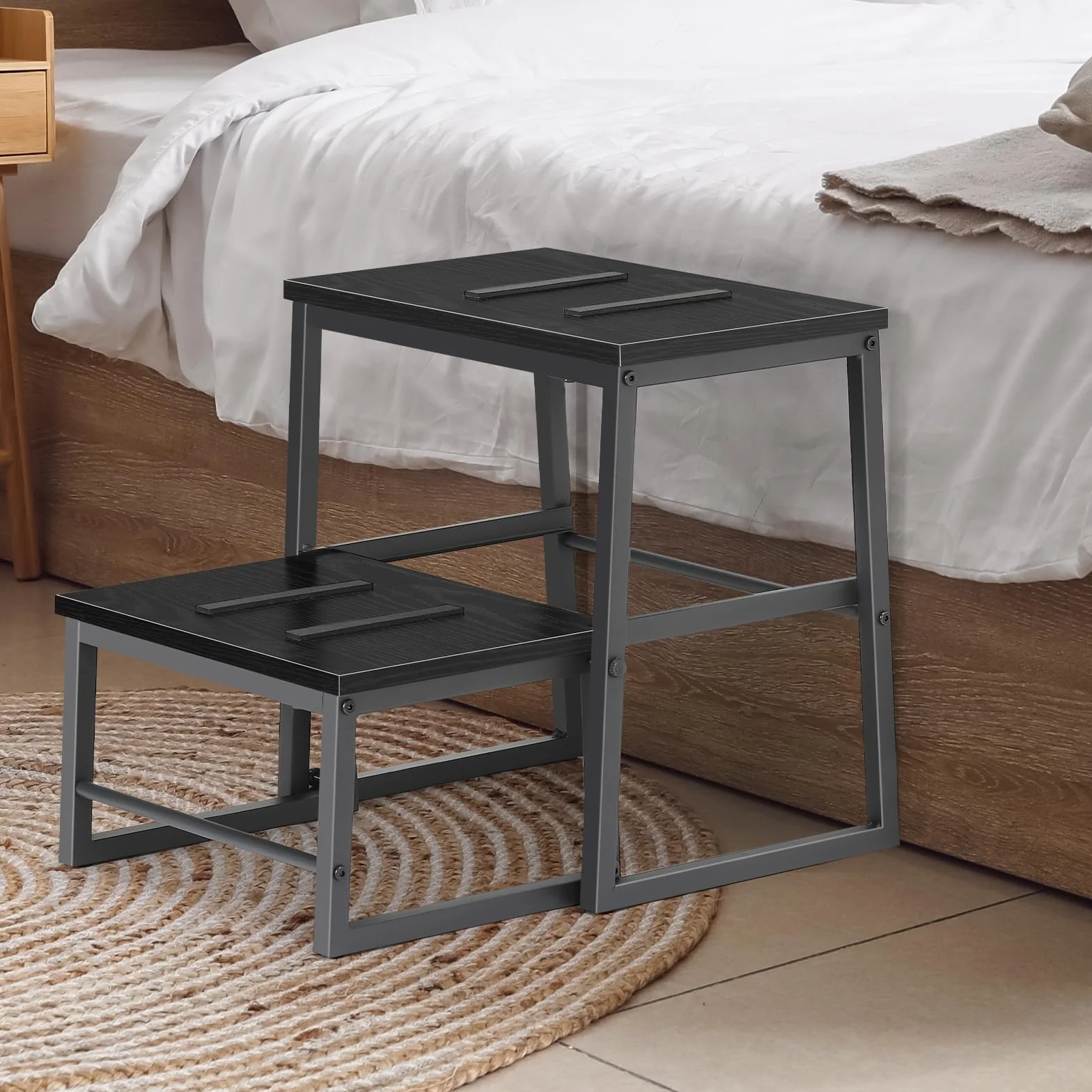 LIANTRAL 2 w 1 stołek dla dorosłych i dzieci, 2 poziomy, drewniany taboret o nośności 160 kg, metalowa rama, podnóżek do łóżka piętrowego, antypoślizgowy taboret do kuchni, biura, zamek błyskawiczny