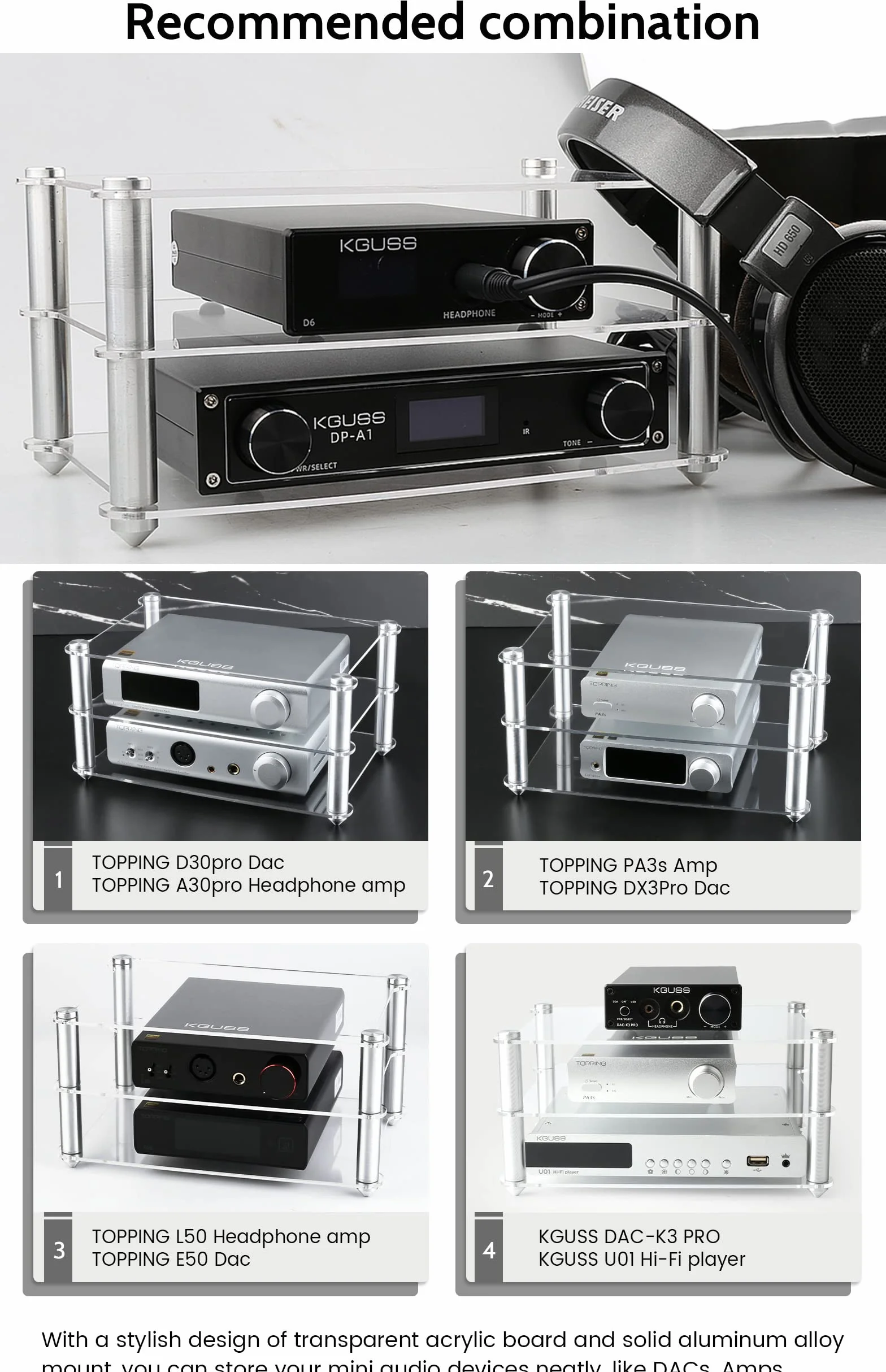 KGUSS Mini stojak HiFi akrylowe półki na komponenty audio aluminiowe uchwyty 3-poziomowy