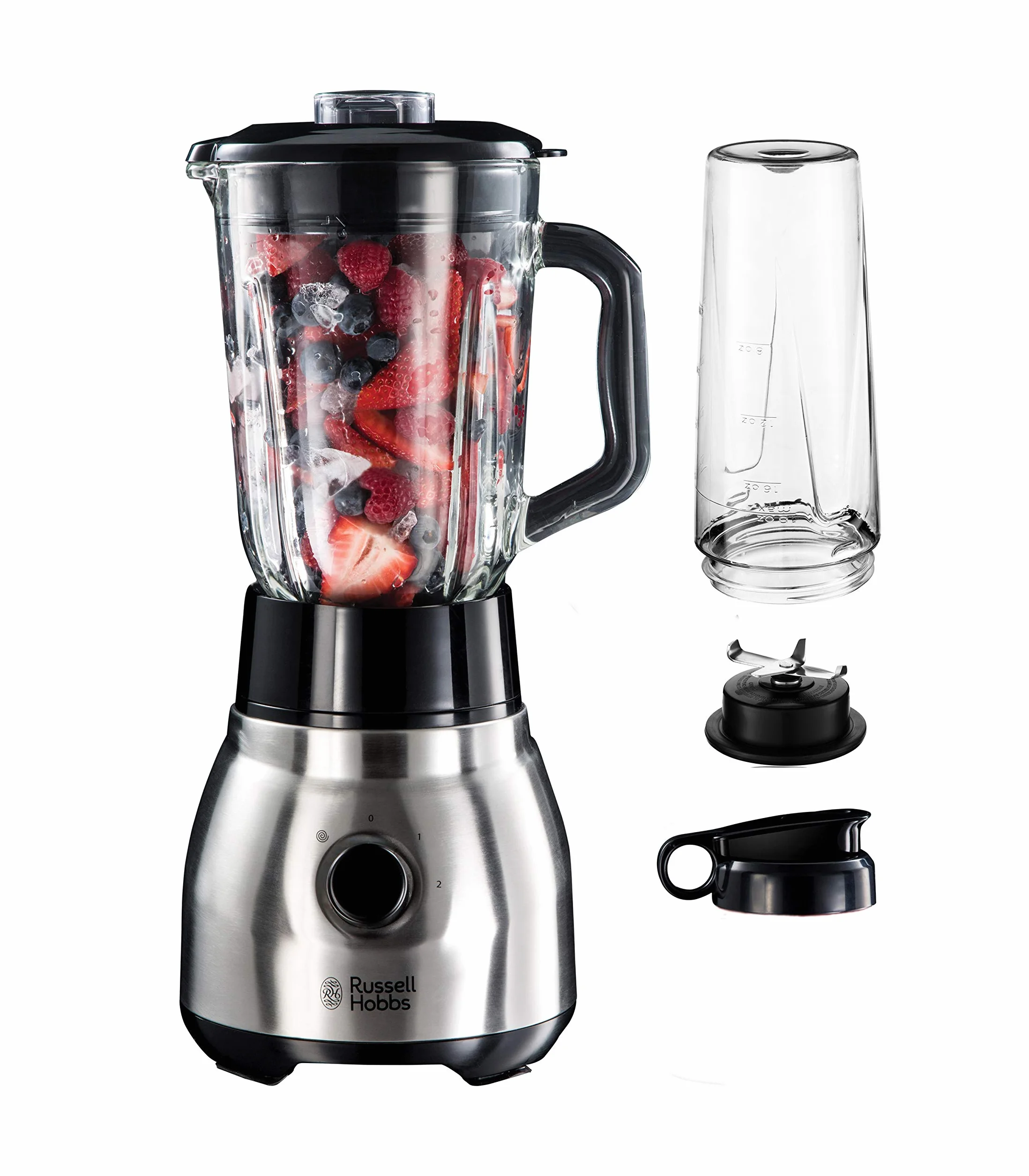 Russell Hobbs blender, blender kielichowy, pojemność 1,5l, pojemność butelki przenośnej 600ml, dwa poziomy prędkości i funkcja mielenia, moc 600W, srebny, Stainless Steel 2w1 23821-56