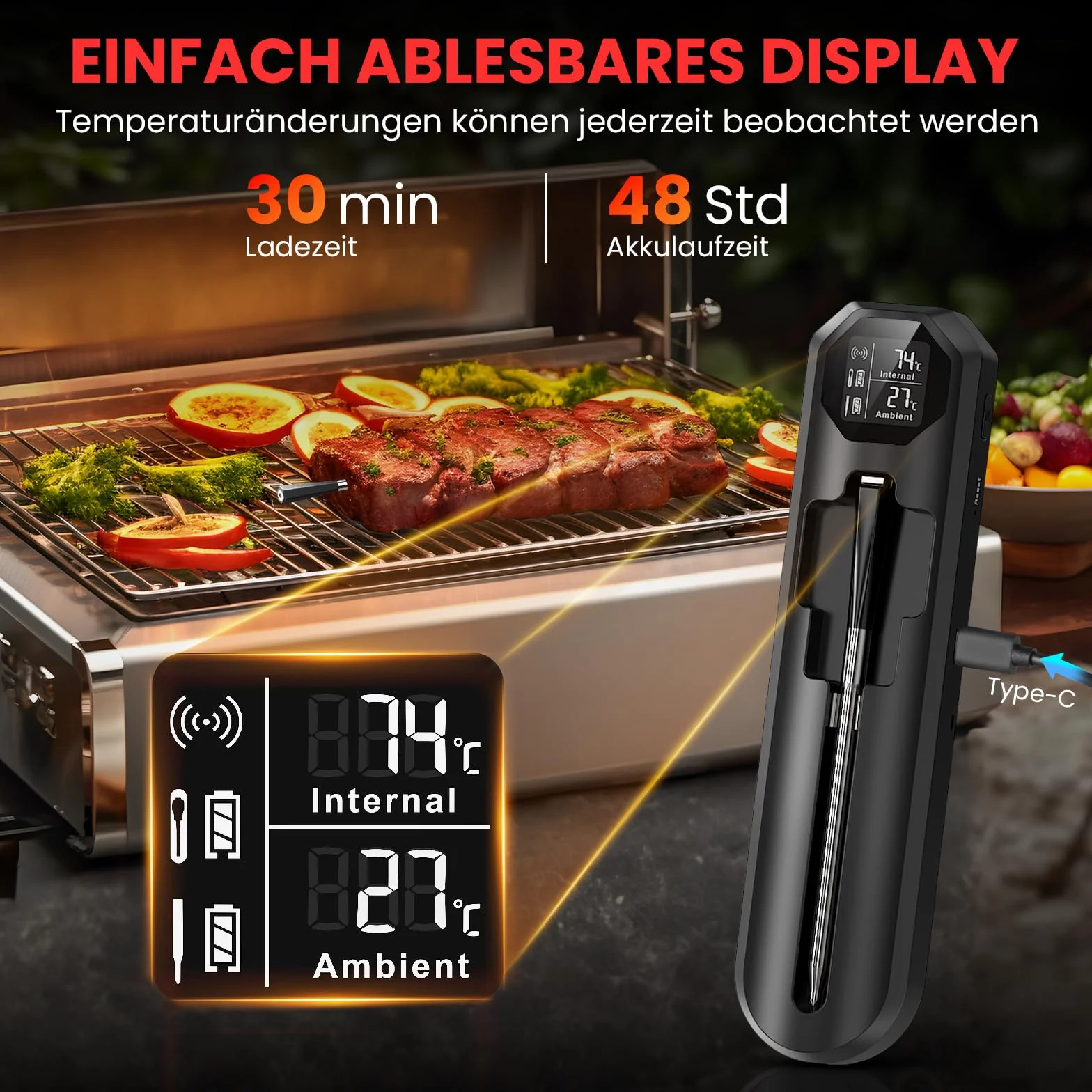 Termometr do mięsa Bluetooth 150m podwójny czujnik cyfrowy z aplikacją do grilla pieczenia BBQ (Czarny)