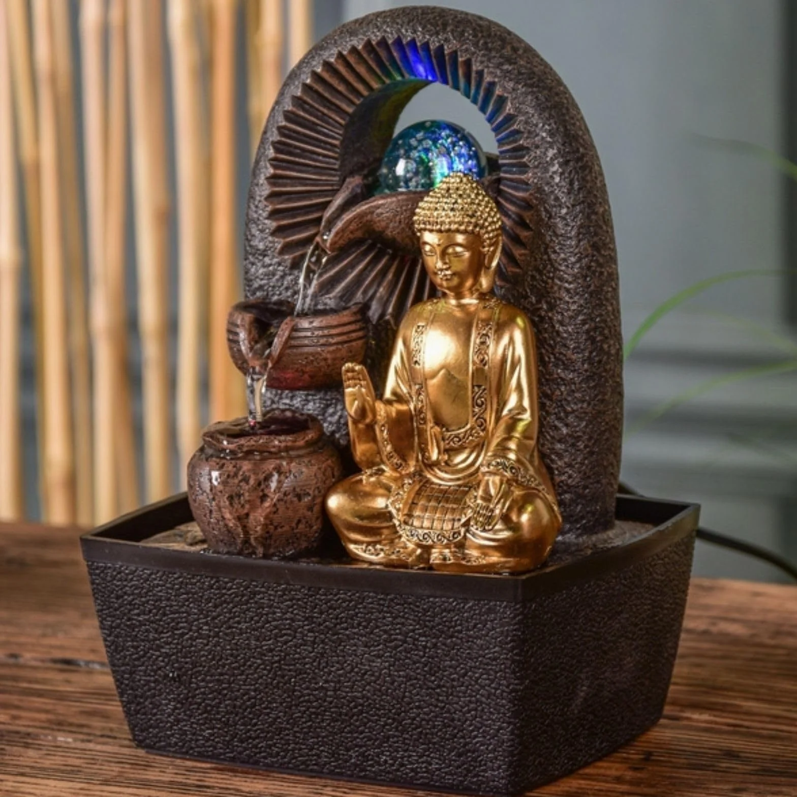 Zen'Light - Fontanna pokojowa Budda Bhava – dekoracja Zen, idealna do medytacji i relaksu – fontanna stołowa z zamkniętym obiegiem – zmieniające się kolory oświetlenie LED, woda przepływa na 3