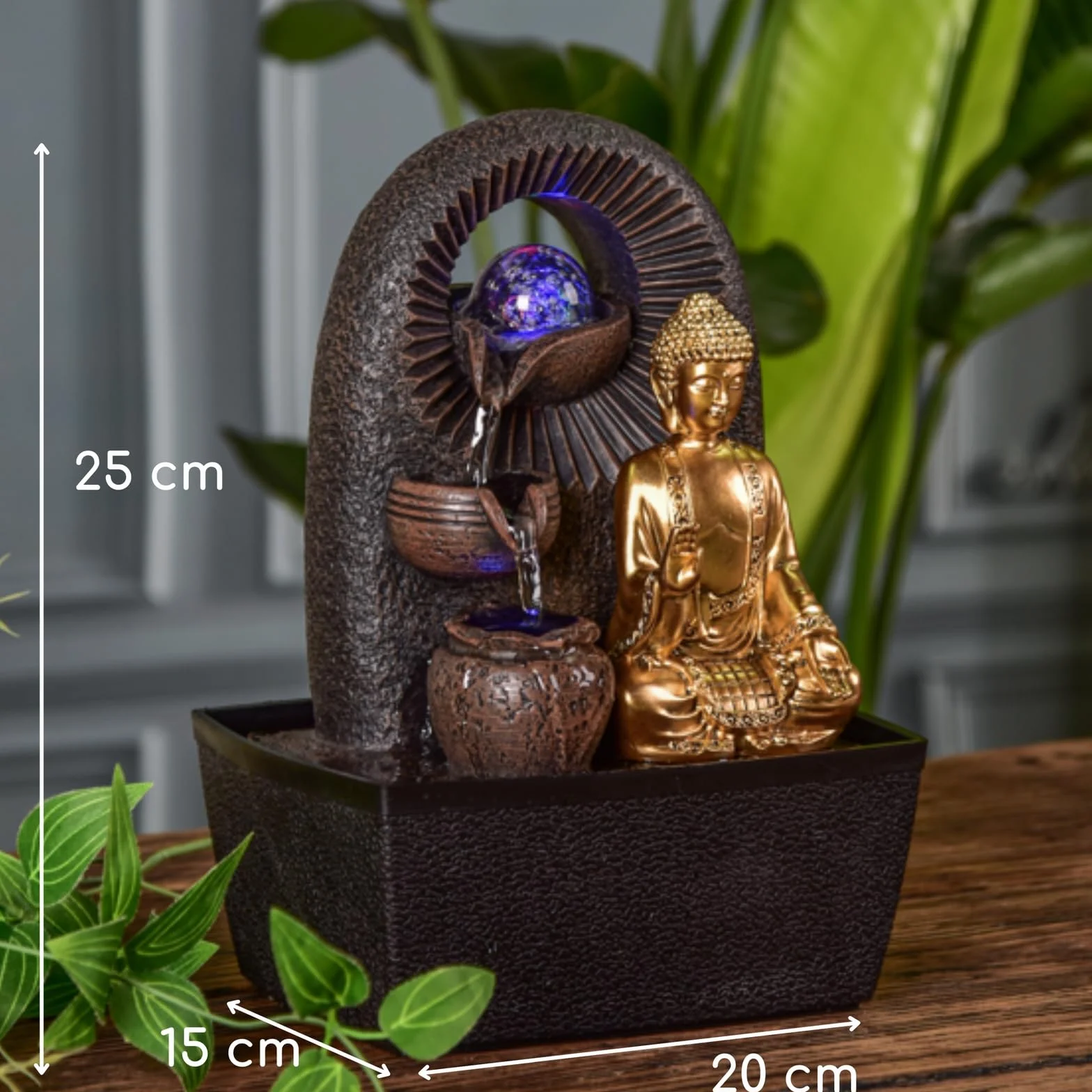 Zen'Light - Fontanna pokojowa Budda Bhava – dekoracja Zen, idealna do medytacji i relaksu – fontanna stołowa z zamkniętym obiegiem – zmieniające się kolory oświetlenie LED, woda przepływa na 3