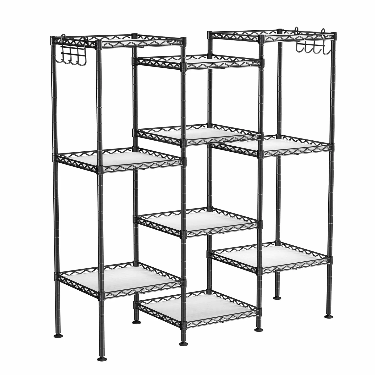 SONGMICS Półka łazienkowa, półka stojąca z metalu, wytrzymała, obciążenie do 100 kg, z 5 panelami PP, z wyjmowanymi haczykami, 30 x 30 x 123,5 cm, do małych pomieszczeń, czarna LGR23BK