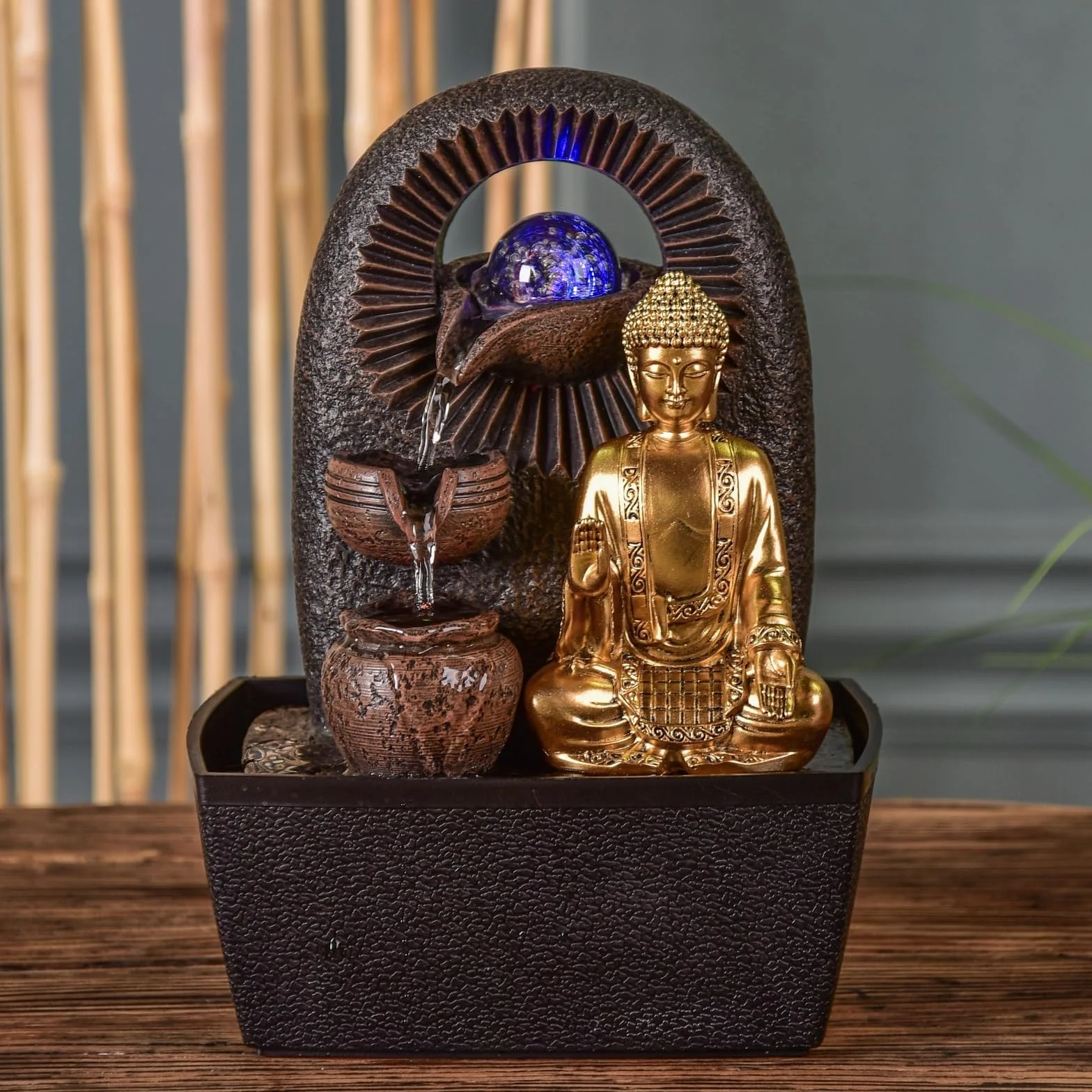 Zen'Light - Fontanna pokojowa Budda Bhava – dekoracja Zen, idealna do medytacji i relaksu – fontanna stołowa z zamkniętym obiegiem – zmieniające się kolory oświetlenie LED, woda przepływa na 3