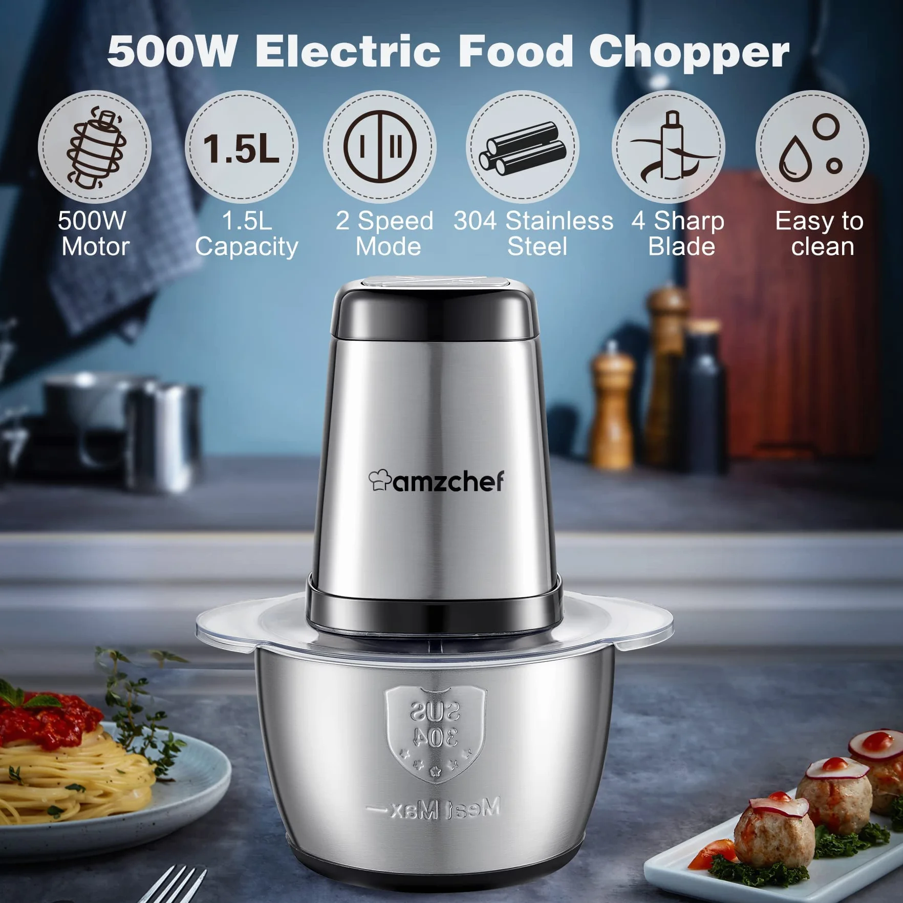 AMZCHEF Elektryczny rozdrabniacz kuchenny o mocy 500 W z misą ze stali nierdzewnej o pojemności 1,5 l, 2 ustawieniami prędkości, 4 ostrzami, funkcją bezpieczeństwa