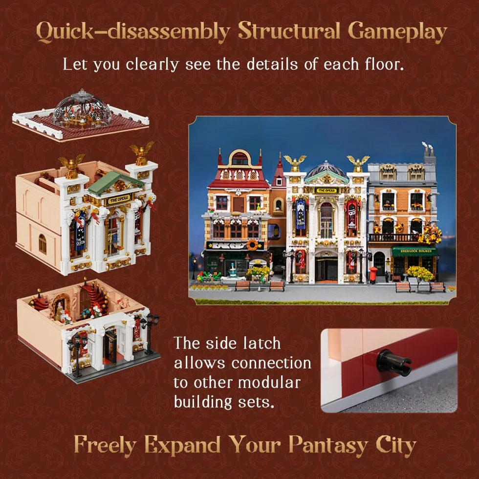 PANTASY Vintage European Grand Theater Building Set, Modułowy Model z Kryształowym Żyrandolem, Przezroczystą Kopułą i Rozszerzalną Sceną Uliczną Kolekcjonerski Teatr Retro dla Dorosłych