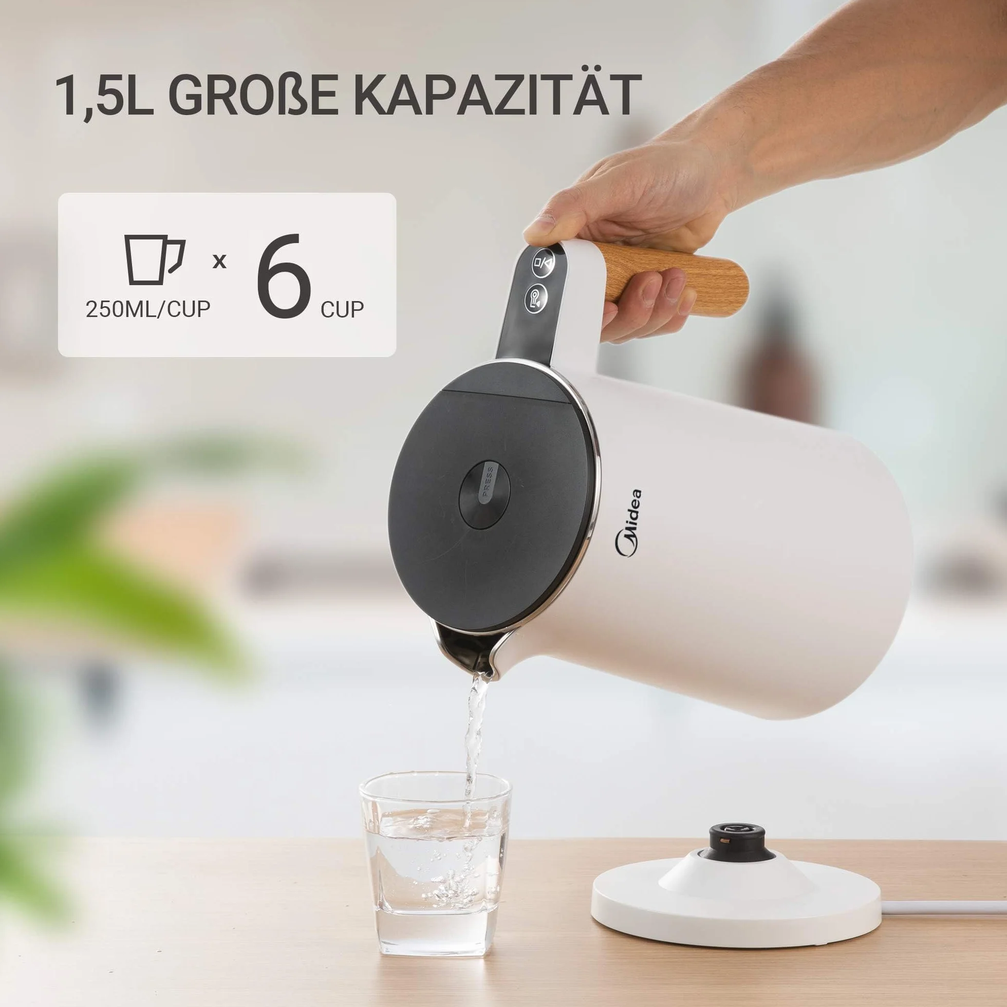 Midea Czajnik elektryczny ze stali nierdzewnej z regulacją temperatury, 1,5 litra, 2200 W, biały czajnik do herbaty ze wskaźnikiem temperatury i funkcjami bezpieczeństwa, nie zawiera BPA