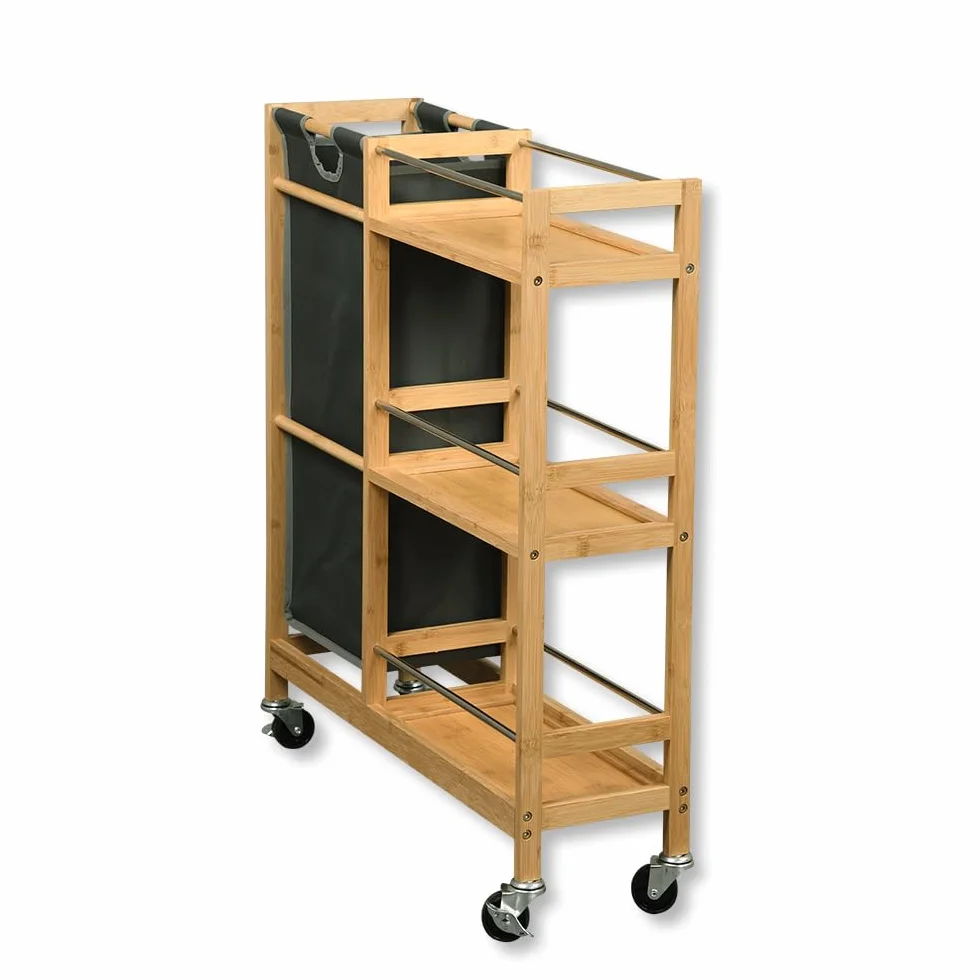 Kesper | Regał wnękowy na kółkach z pojemnikiem na butelki, materiał: bambus, poliester, wymiary: szer. 20 cm, wys. 78 cm, gł. 68 cm, kolor: naturalny, szary | 24857 13