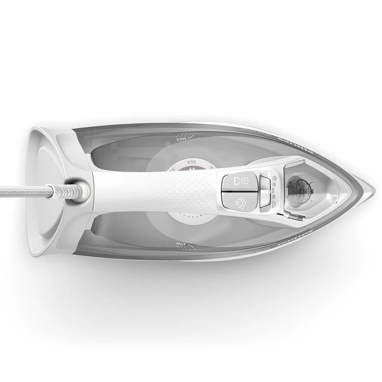 Philips Żelazko Parowe z serii 5000-2400W, Strumień pary 40g/min, Silne uderzenie pary 160g, Pionowy strumień pary, Stopa żelazka SteamGlide Plus, Białe/Szare (DST5010/10)