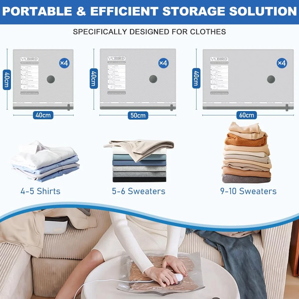 Worki próżniowe do ubrań z pompką USB 12 sztuk 40x40 40x50 40x60 cm