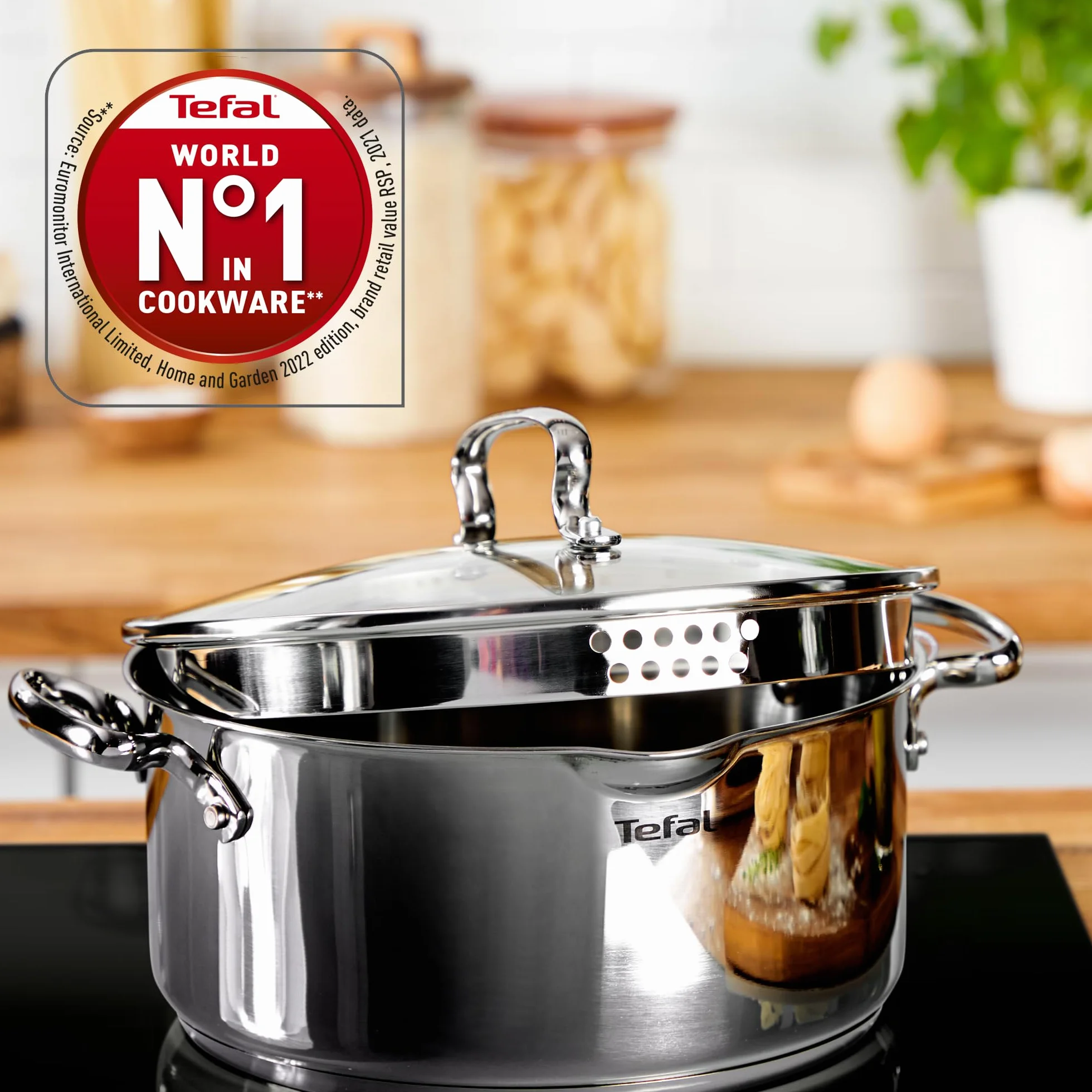 TEFAL A70544 Duetto Garnek, 20 cm, stal nierdzewna, do wszystkich kuchenek, grube dno indukcyjne, miarka wewnątrz garnka, boczne profile, nitowane uchwyty, Srebrny