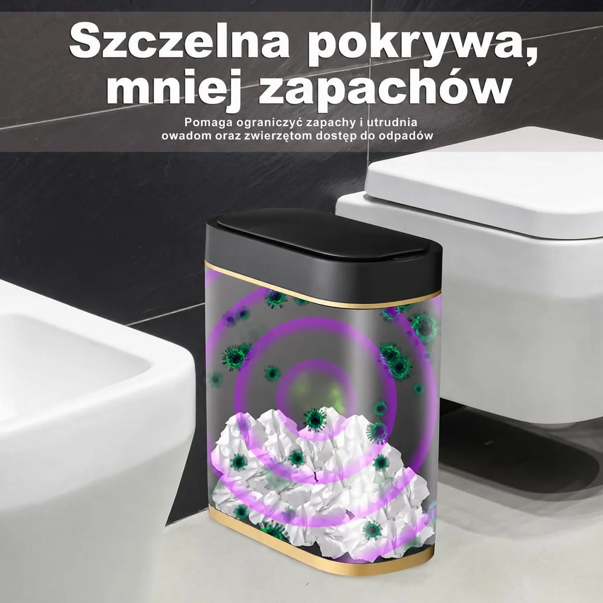 Automatyczny kosz na śmieci 8L z czujnikiem – Elektryczny pojemnik na odpady z pokrywą, hermetyczny i bezdotykowy – Kompaktowy do łazienki, kuchni, WC i biura – Cichy – Czarny