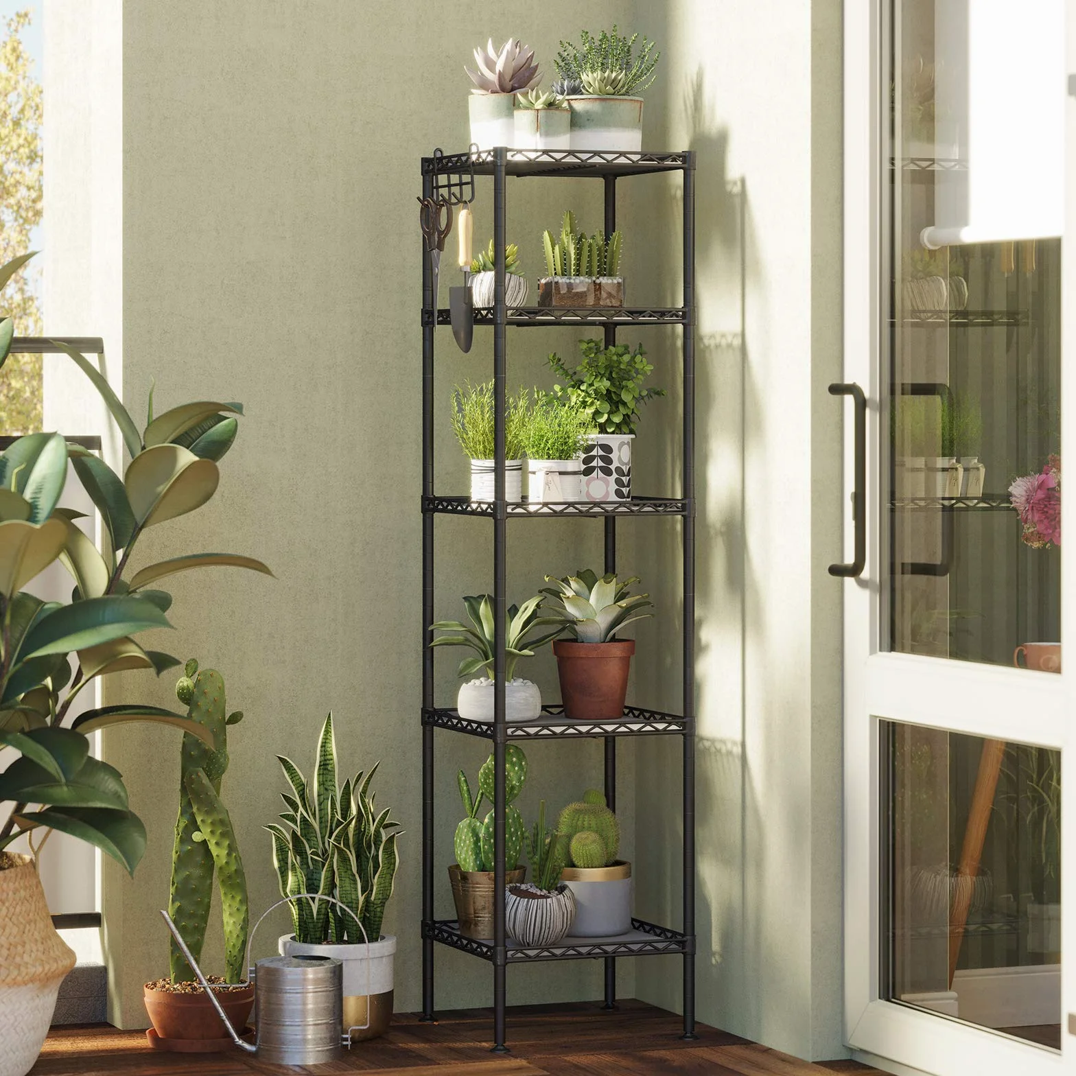 SONGMICS Półka łazienkowa, półka stojąca z metalu, wytrzymała, obciążenie do 100 kg, z 5 panelami PP, z wyjmowanymi haczykami, 30 x 30 x 123,5 cm, do małych pomieszczeń, czarna LGR23BK