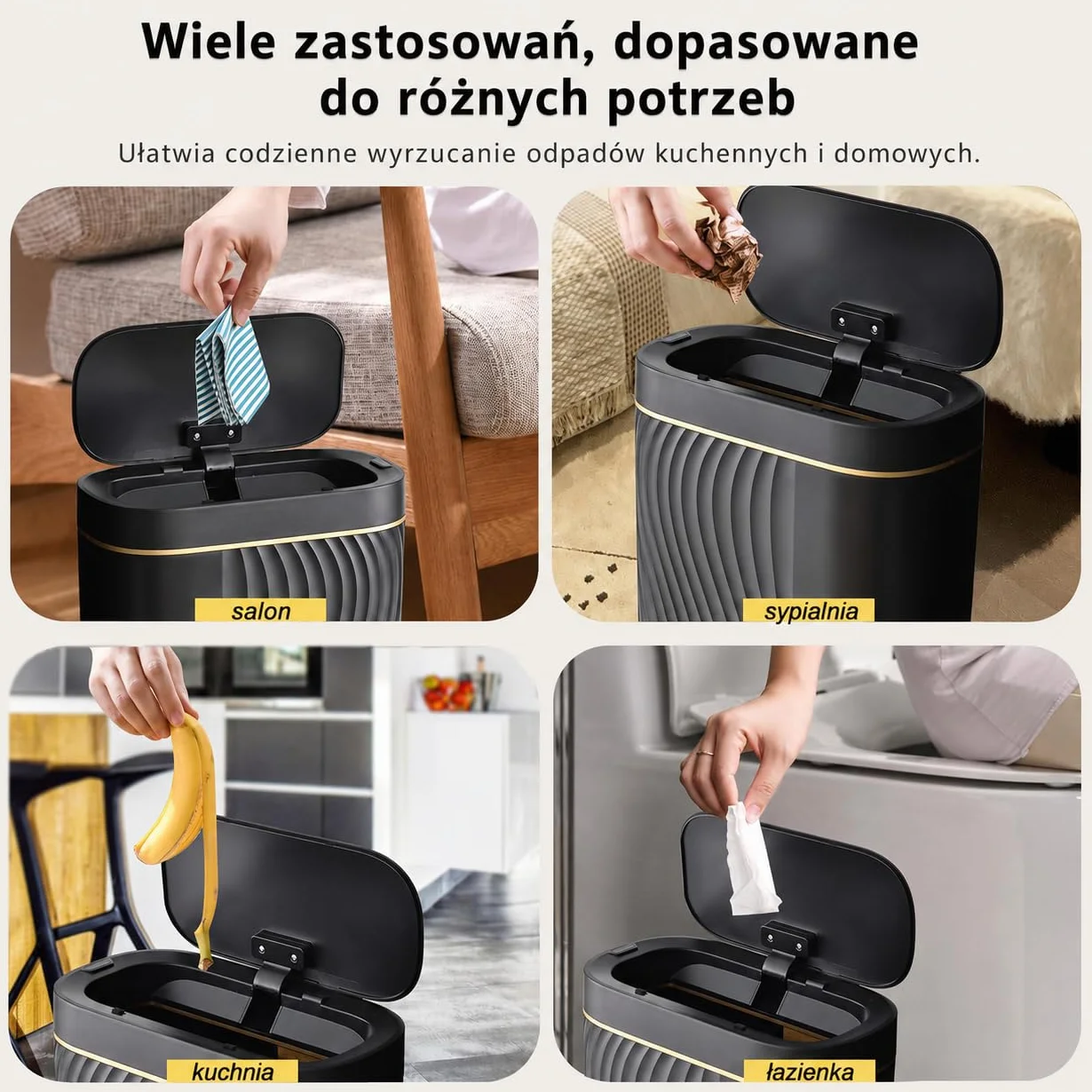 Automatyczny kosz na śmieci 8L z czujnikiem – Elektryczny pojemnik na odpady z pokrywą, hermetyczny i bezdotykowy – Kompaktowy do łazienki, kuchni, WC i biura – Cichy – Czarny