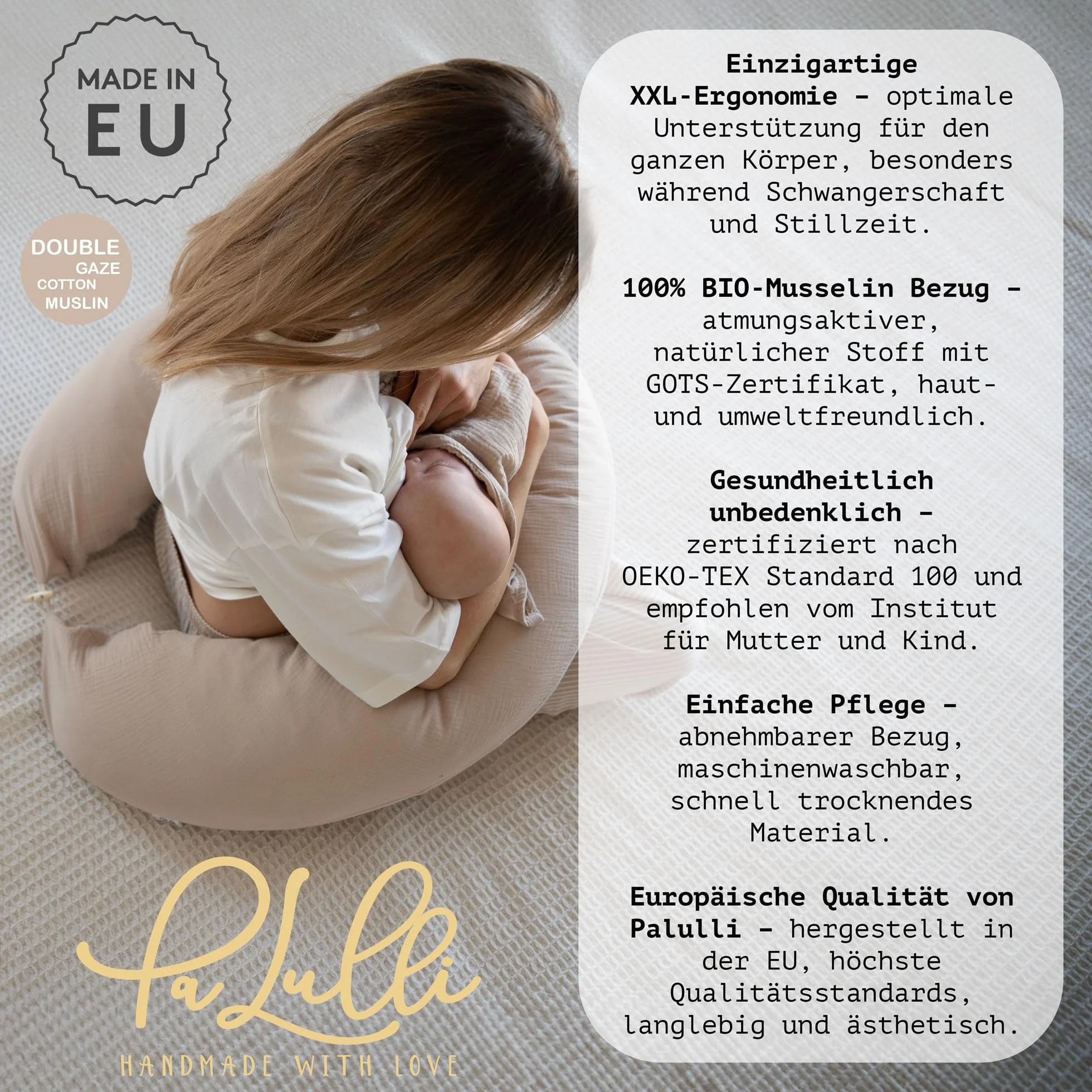 PaLulli Ergonomiczna poduszka do karmienia XXL 190 x 30 cm bawełna bio-muślinowa