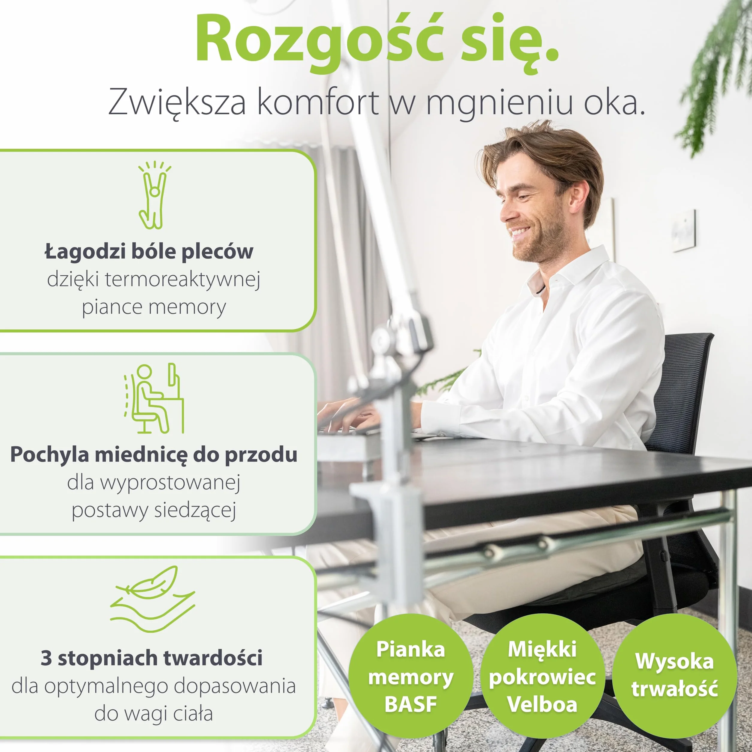feela. Ortopedyczna poduszka klinowa z pamięcią kształtu 3 stopnie twardości do korekcji postawy i odciążenia pleców