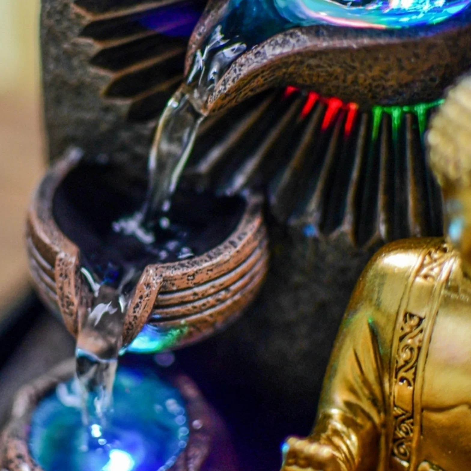 Zen'Light - Fontanna pokojowa Budda Bhava – dekoracja Zen, idealna do medytacji i relaksu – fontanna stołowa z zamkniętym obiegiem – zmieniające się kolory oświetlenie LED, woda przepływa na 3