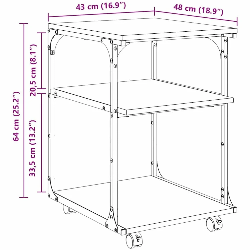 vidaXL Stojak na drukarkę Czarny Dąb 43 x 48 x 64 cm, Stojak na drukarkę, prostokątny, industrialny, wielopoziomowy organizer, mobilne meble, miejsce na dokumenty