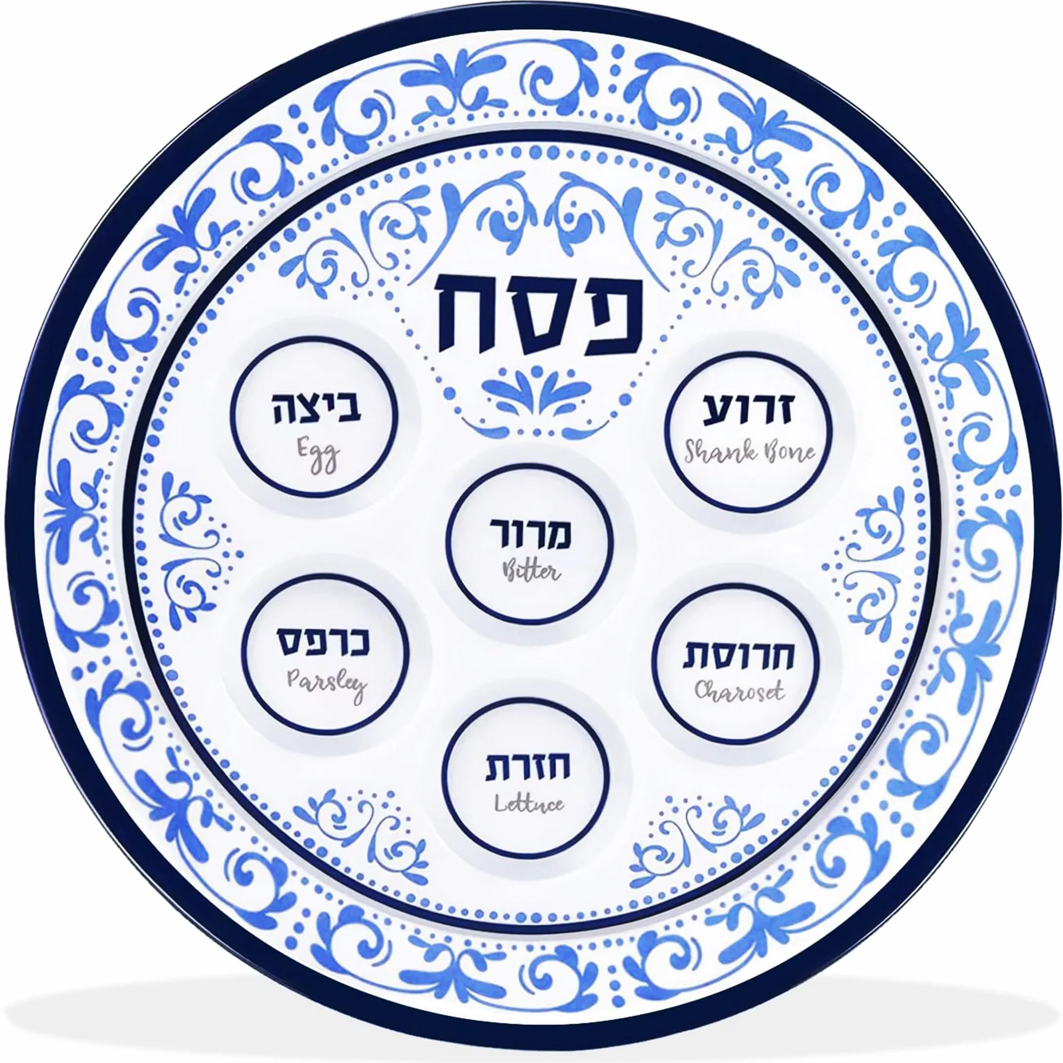 Talerz sederowy paschalny 30 cm melamina 6 sekcji Zion Judaica niebieski kwiatowy