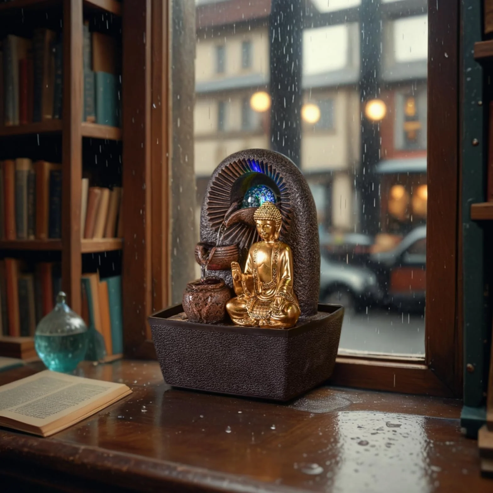 Zen'Light - Fontanna pokojowa Budda Bhava – dekoracja Zen, idealna do medytacji i relaksu – fontanna stołowa z zamkniętym obiegiem – zmieniające się kolory oświetlenie LED, woda przepływa na 3