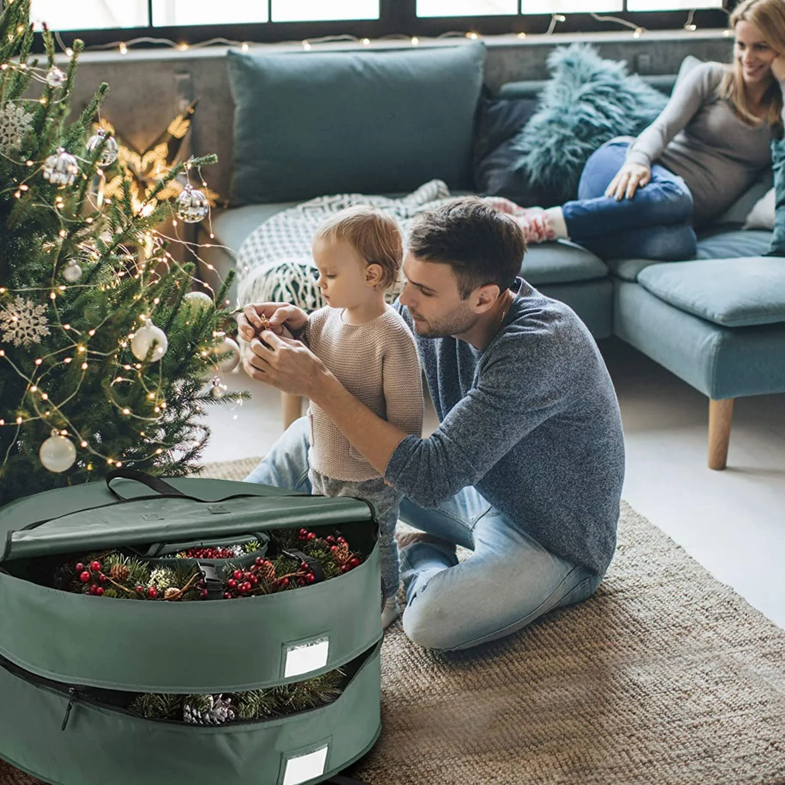 Torba do przechowywania wieńców, 61 cm, 1-pak pojemnik do przechowywania wieńców bożonarodzeniowych, czerwony, wodoodporny plastikowy materiał, uchwyt na wieniec, pomieści 61 cm wieńce do całorocznego