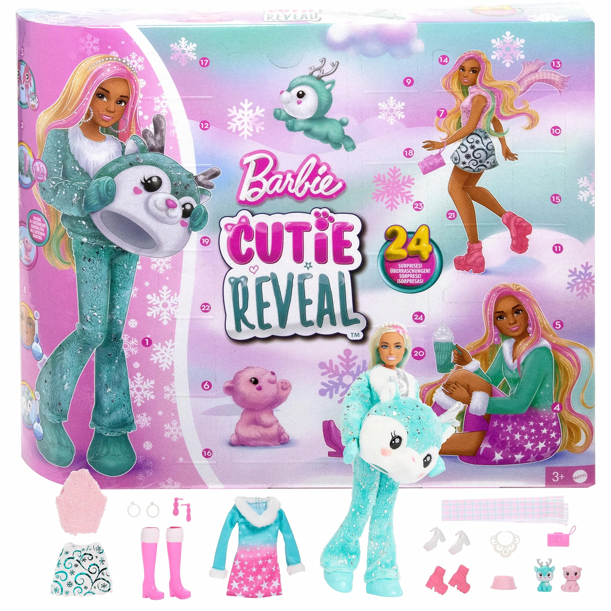 Barbie Cutie Reveal Kalendarz adwentowy z lalką, 24 niespodziankami i zmianą koloru, HJX76
