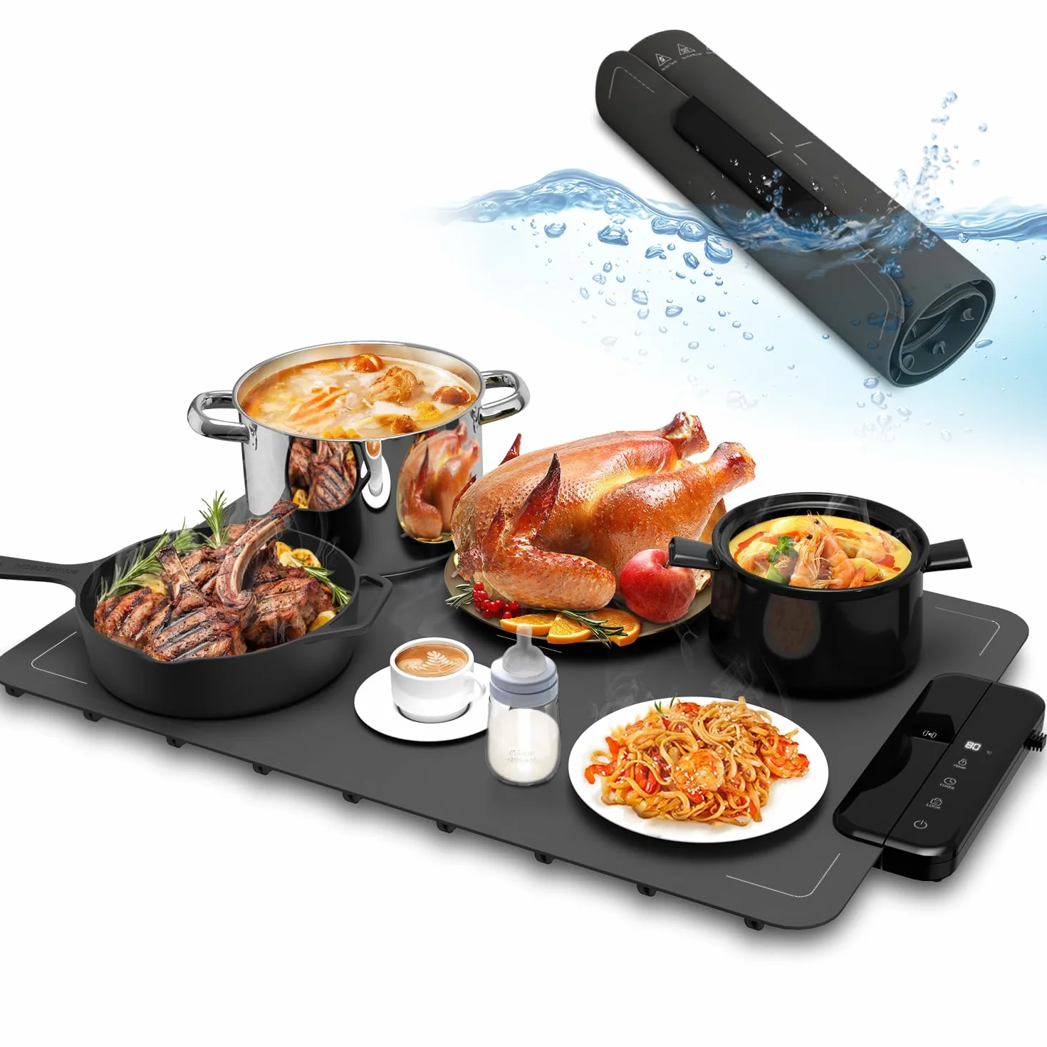 Food Warming Elektryczna płyta do podgrzewania z silikonu na potrawy | 6 stopni regulacji temperatury (40–100°C), timer i zabezpieczenie dla dzieci | Przenośna mata grzewcza do bufetu, imprezy