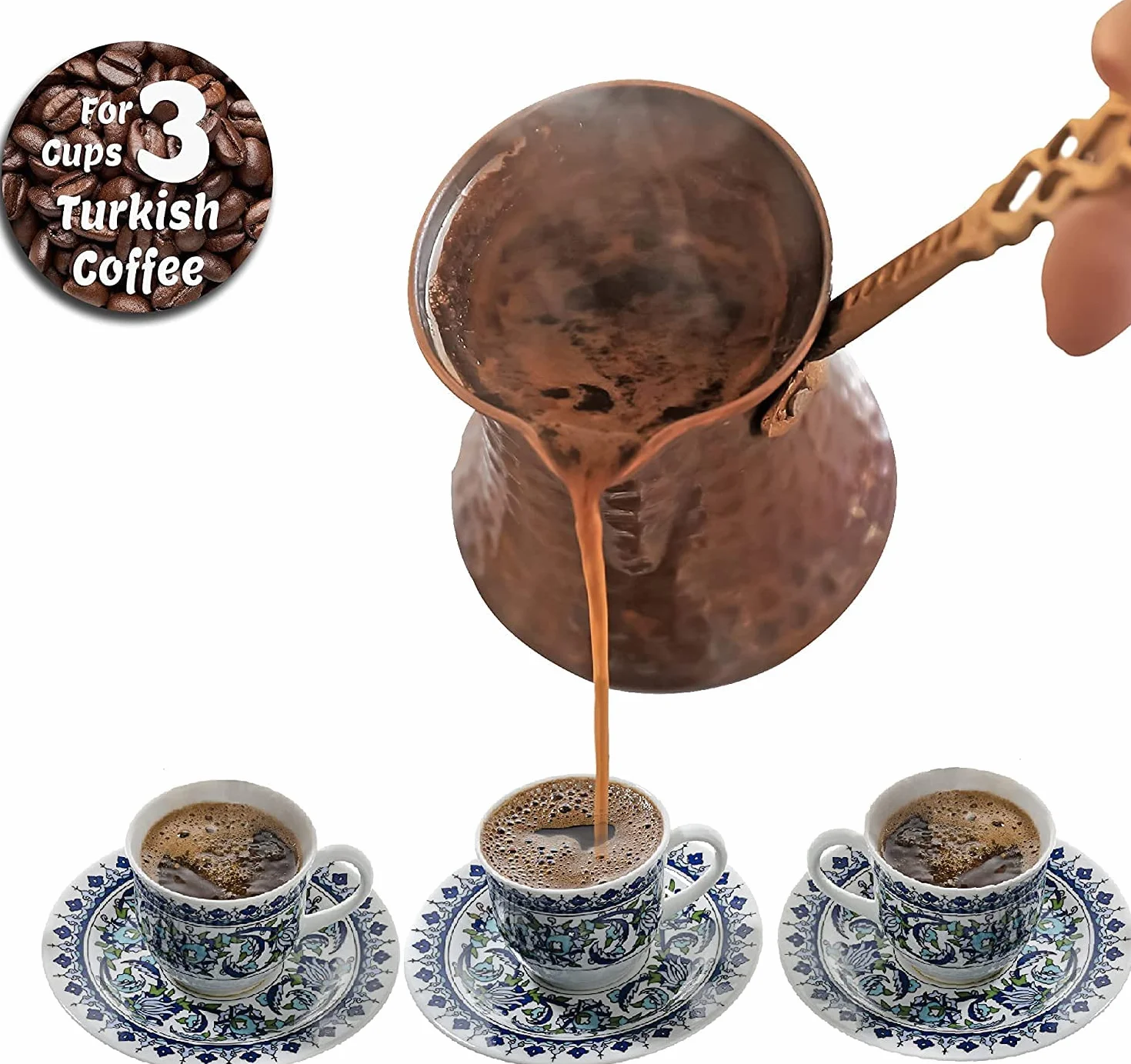 Euro Tische Turecki dzbanek do kawy, miedziany, wysokiej jakości ręcznie wykonany dzbanek miedziany, dzbanek do mokki do tureckiej kawy arabskiej i greckiej (3 x 120 ml, 200 ml, 290 ml)