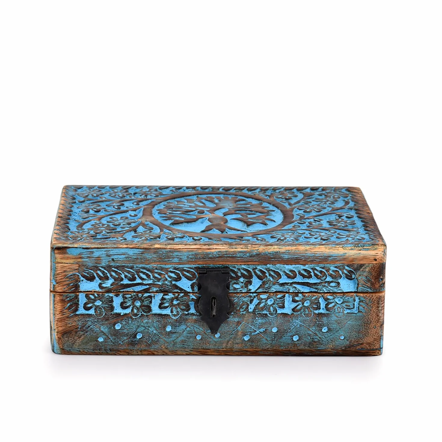 Ręcznie robione pudełko na biżuterię z drewna mango z rzeźbionym drzewem życia dekoracja wnętrz