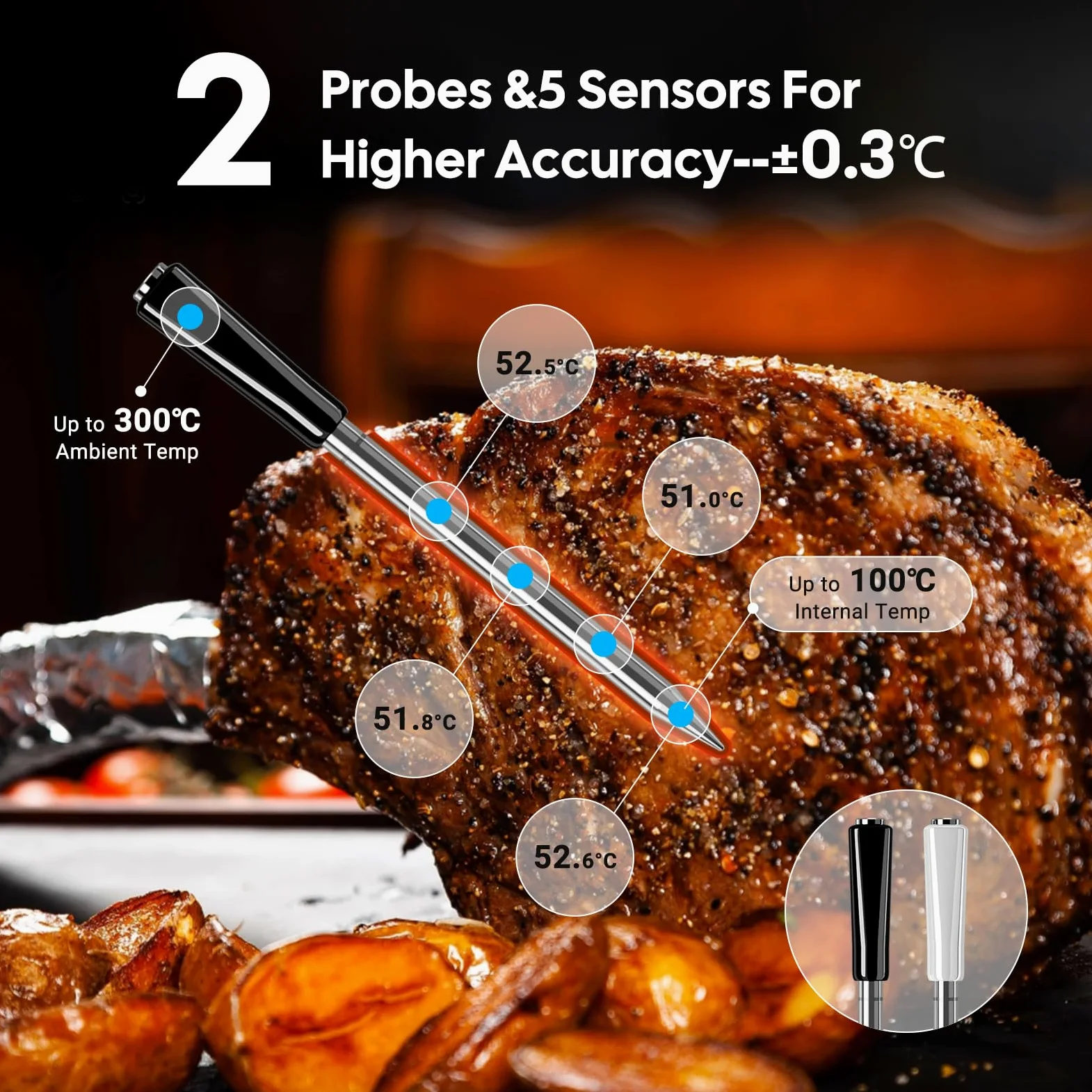 INKBIRD INT-12E-BW termometr do mięsa bezprzewodowy, WiFi 5G i Bluetooth 5.4 termometr do grilla, 2 sondy z 5 sensorami termometr do smażenia do BBQ, grilla, piekarnika, kuchni, pieca Rotisserie