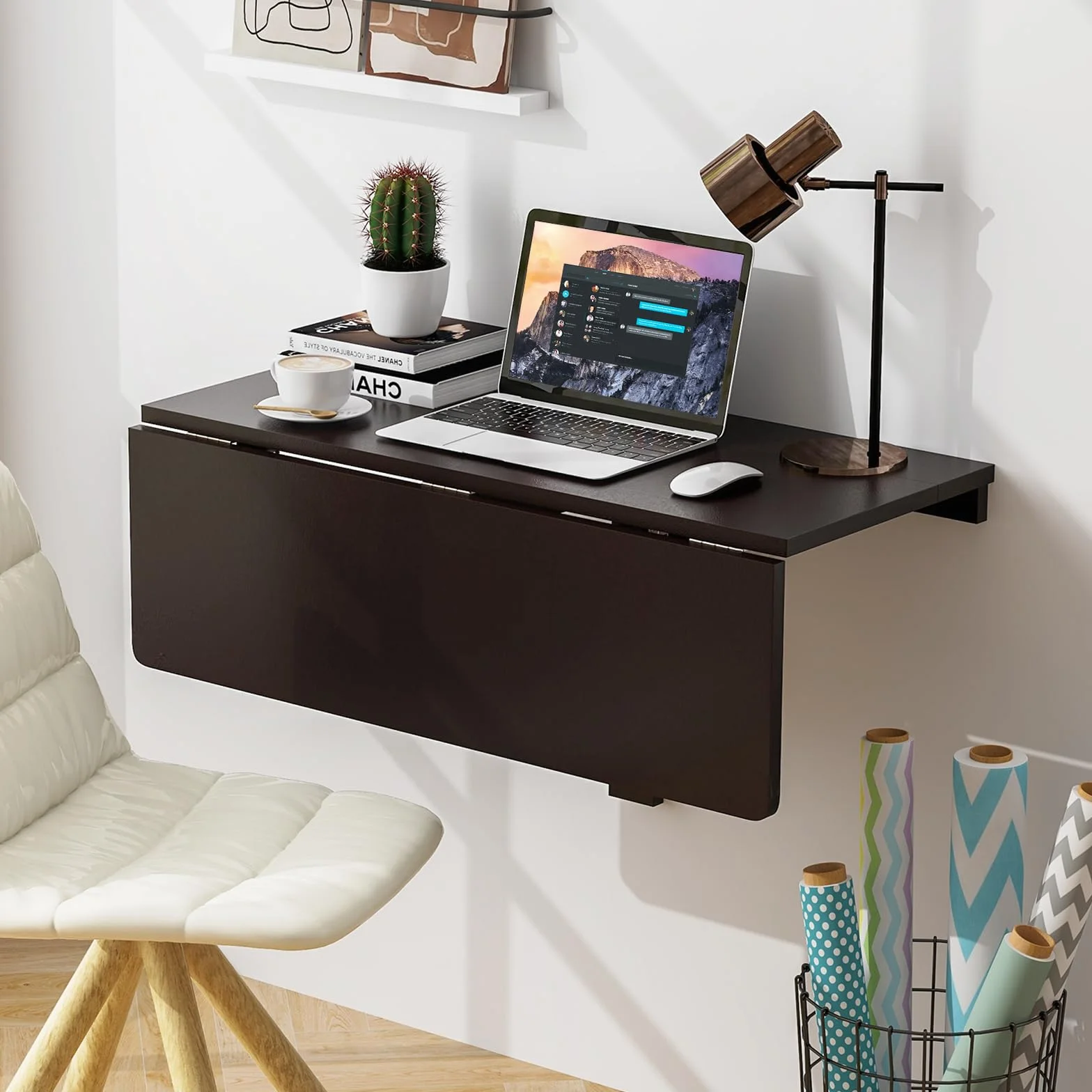 COSTWAY składany stolik do zamontowania na ścianie, 80 x 60 cm, składany stolik ścienny, stolik kuchenny oszczędniający miejsce, składany stolik ścienny do kuchni, jadalni, pokoju roboczego (brązowy)