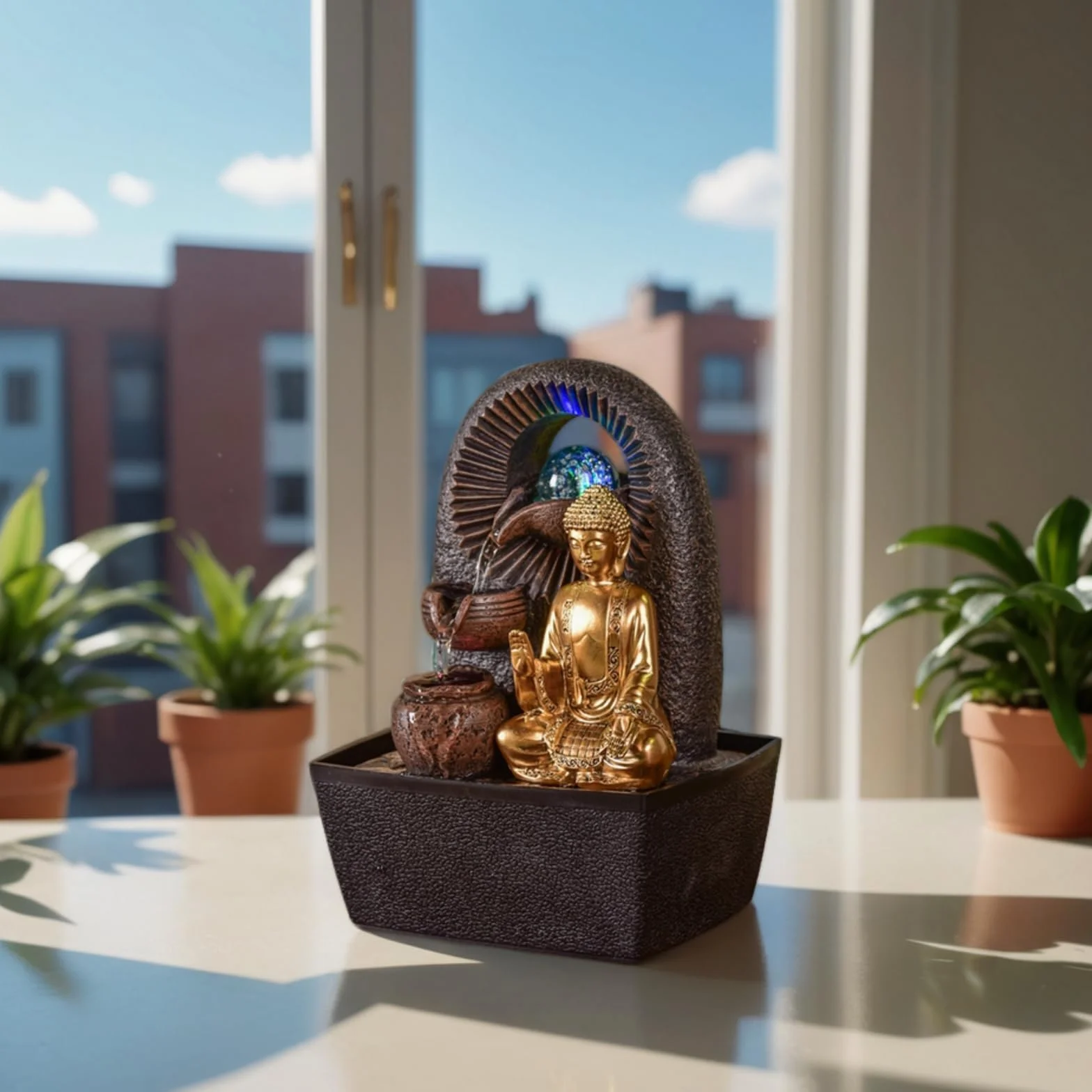 Zen'Light - Fontanna pokojowa Budda Bhava – dekoracja Zen, idealna do medytacji i relaksu – fontanna stołowa z zamkniętym obiegiem – zmieniające się kolory oświetlenie LED, woda przepływa na 3