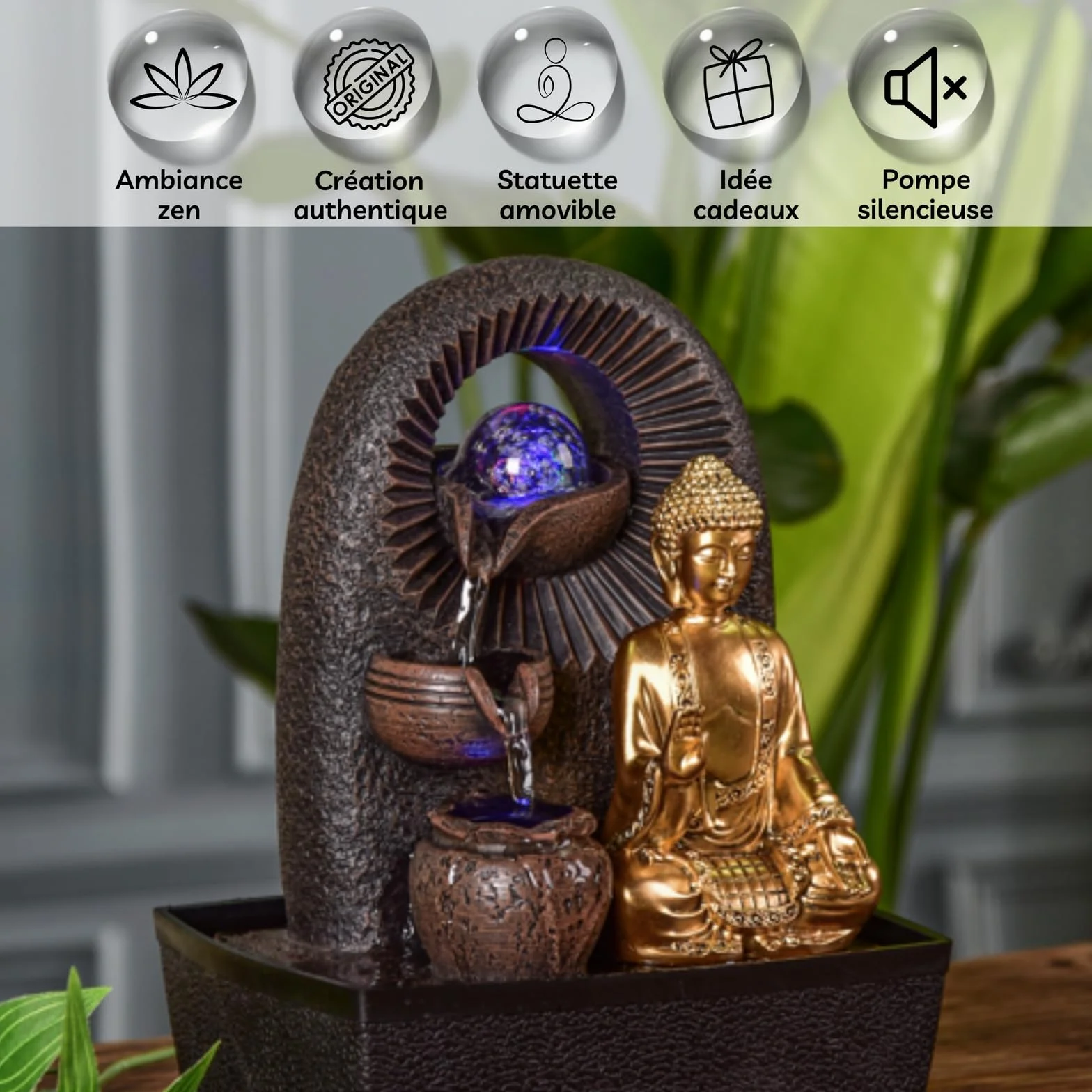 Zen'Light - Fontanna pokojowa Budda Bhava – dekoracja Zen, idealna do medytacji i relaksu – fontanna stołowa z zamkniętym obiegiem – zmieniające się kolory oświetlenie LED, woda przepływa na 3