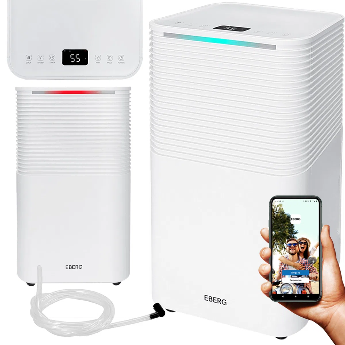 EBERG RICO WiFi osuszacz powietrza 12 l/24 h, higrostat, sterowanie aplikacją, wyświetlacz LCD, timer 24 h, drenaż ciągły, osuszacz do domu i piwnicy, biały