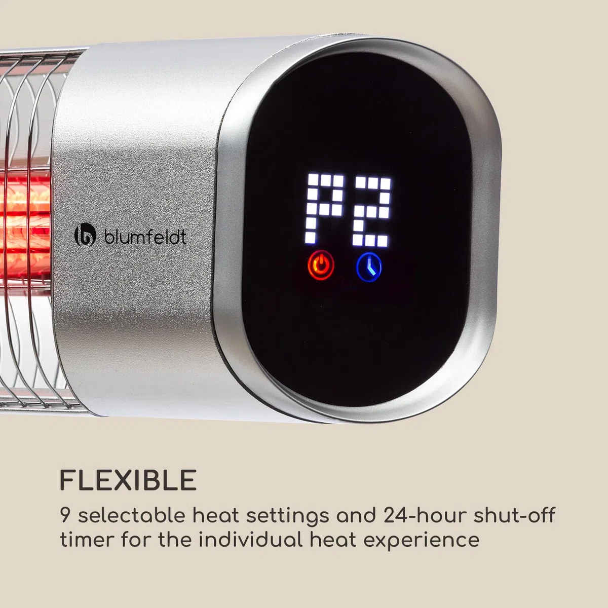 Blumfeldt Dark Wave Promiennik podczerwieni, Promiennik tarasowy, MinimalGlare Heating Tube: złocona rurka carbonowa, 24 stopnie grzania, Timer, IP65, sufitowy 2000 W, srebrny