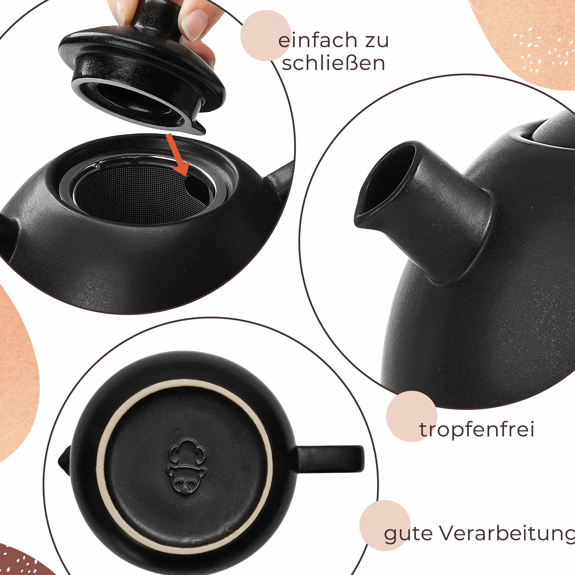 Duża dzbanka do herbaty z sitkiem - 1,4 l - dzbanka do herbaty ceramiczna - nowoczesna dzbanka do herbaty z sitkiem na luźną herbatę, trwała i neutralna w zakresie aromatu (Antracyt)