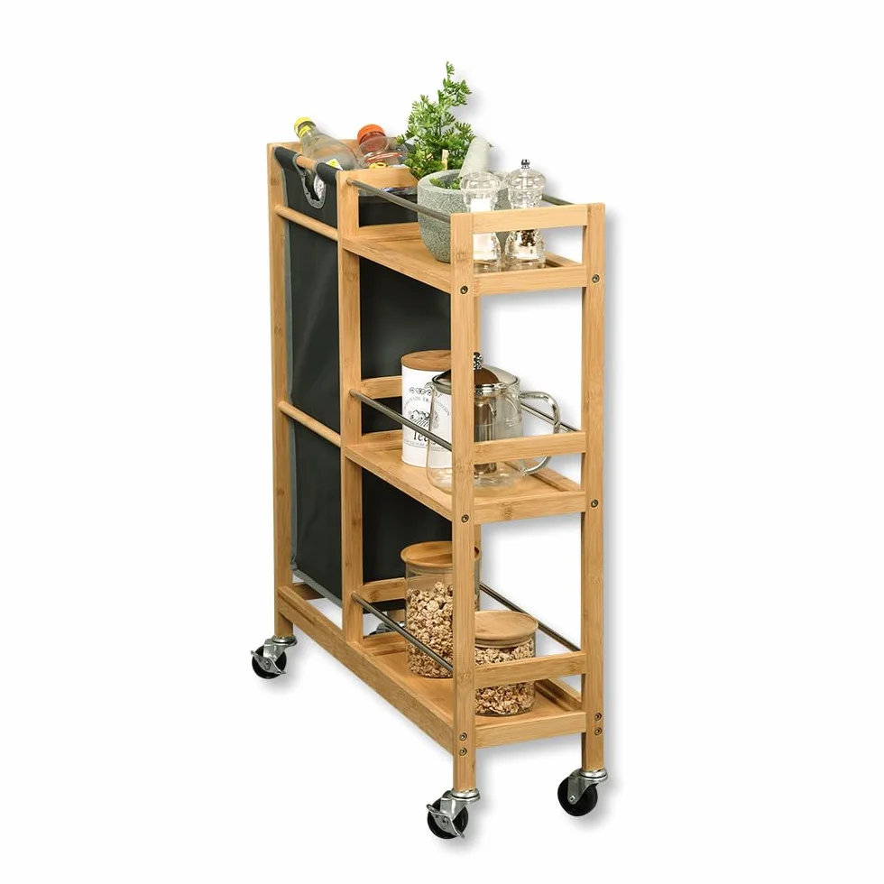 Kesper | Regał wnękowy na kółkach z pojemnikiem na butelki, materiał: bambus, poliester, wymiary: szer. 20 cm, wys. 78 cm, gł. 68 cm, kolor: naturalny, szary | 24857 13