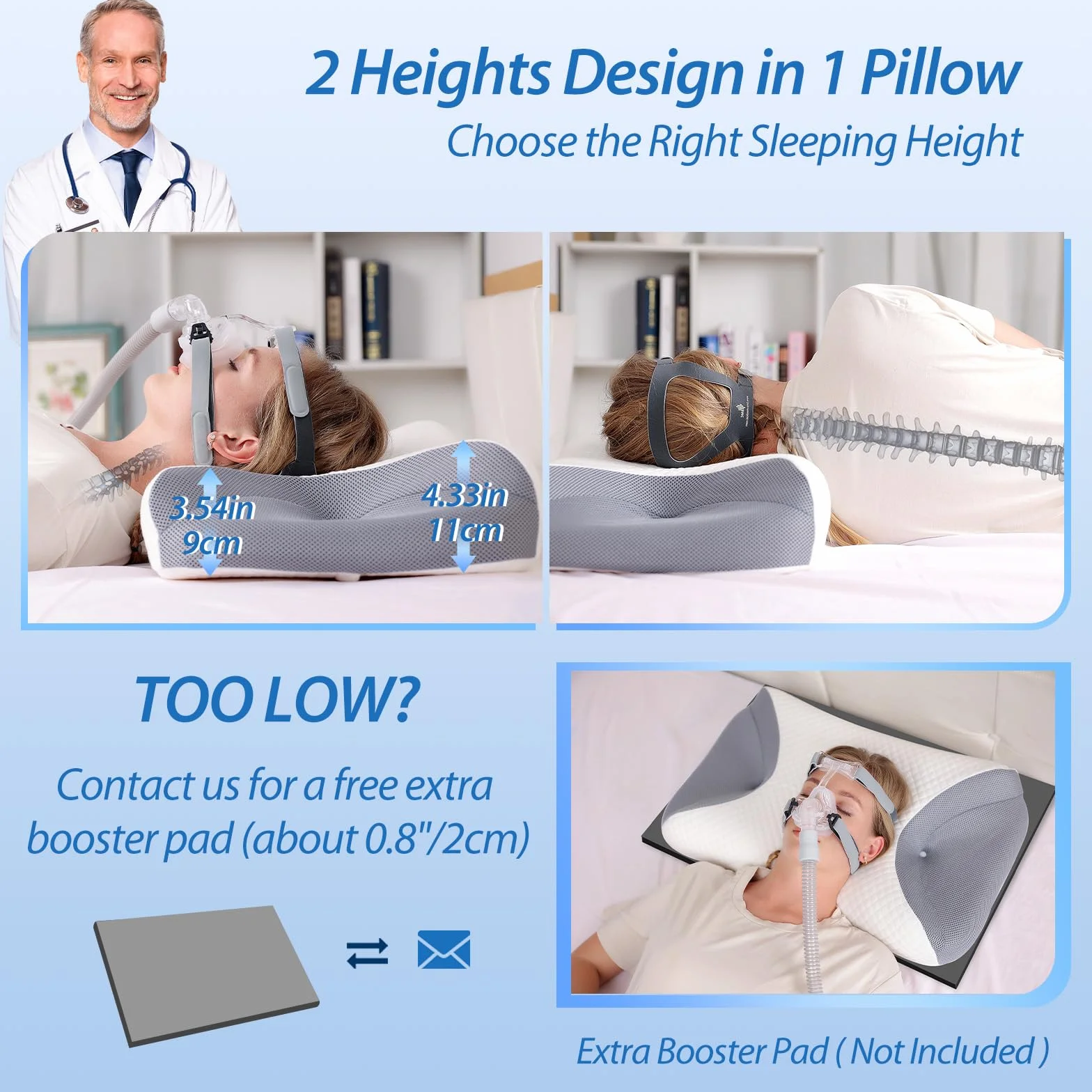 HOMCA Poduszka CPAP Memory Foam 65x40x9/11cm Szary