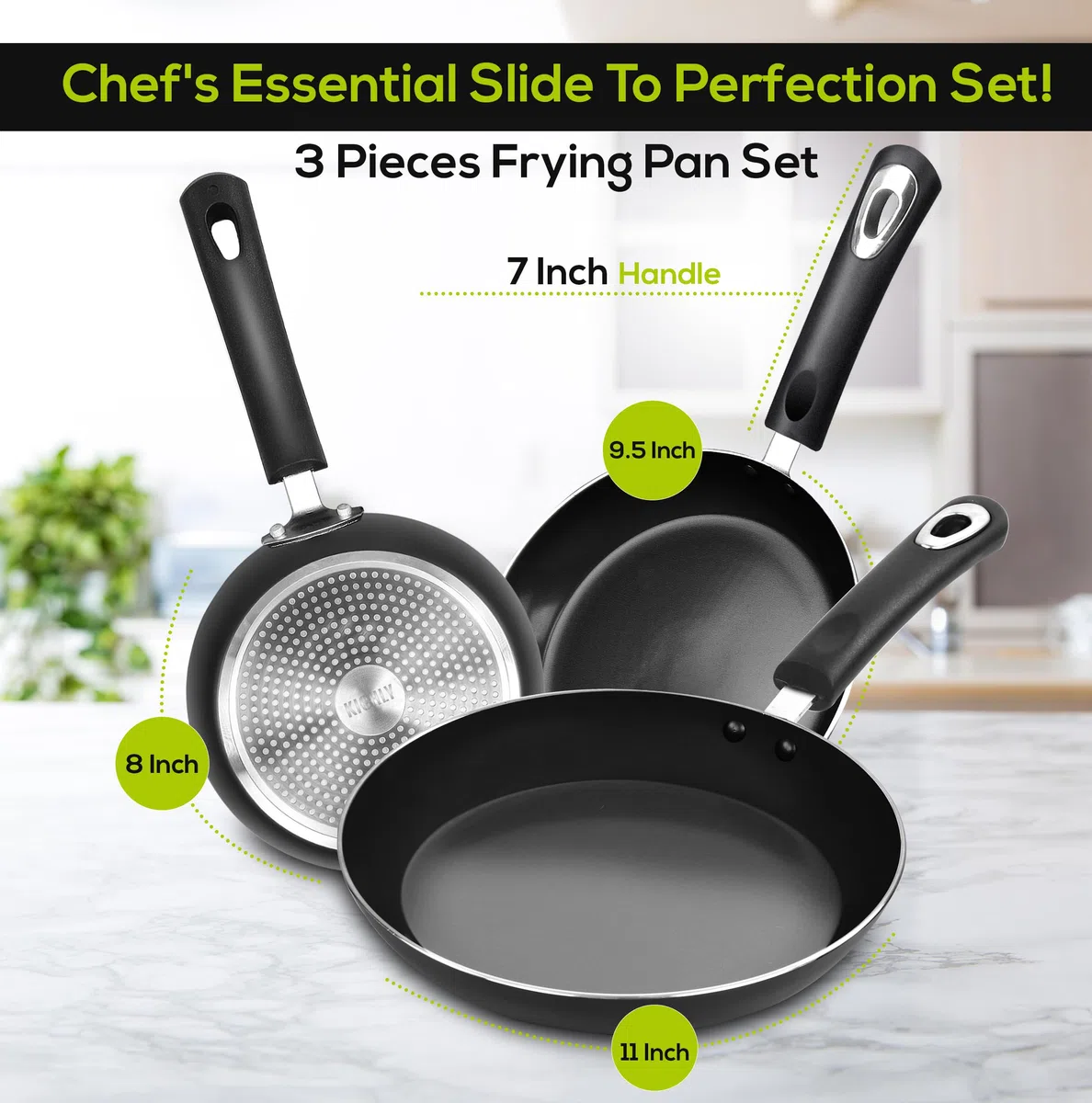 KICHLY Aluminiowy zestaw patelni nonstick - 3 Piece Induction Bottom Patelnia Set, 20cm, 24cm i 28cm, czarny