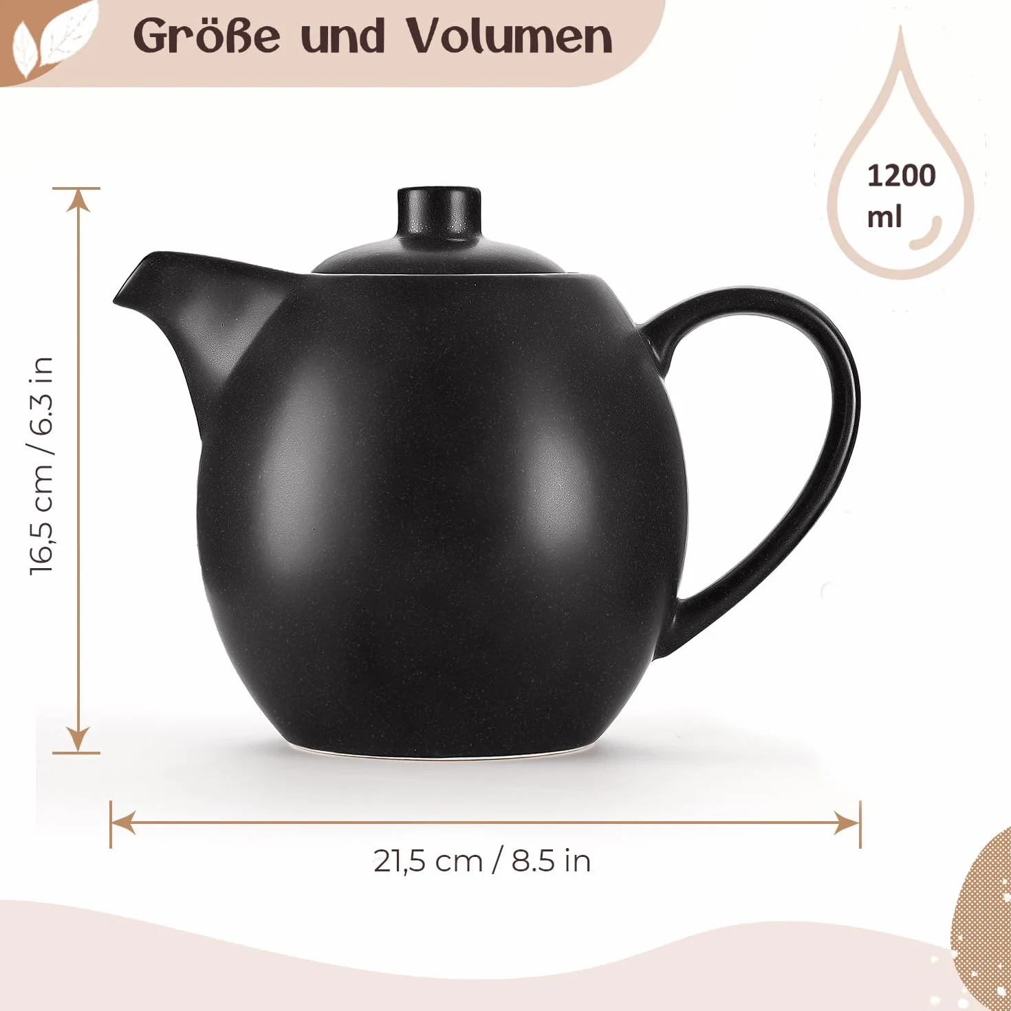 Ceramiczny dzbanek do herbaty z zaparzaczem, 1,2 l, czarny (antracytowy)