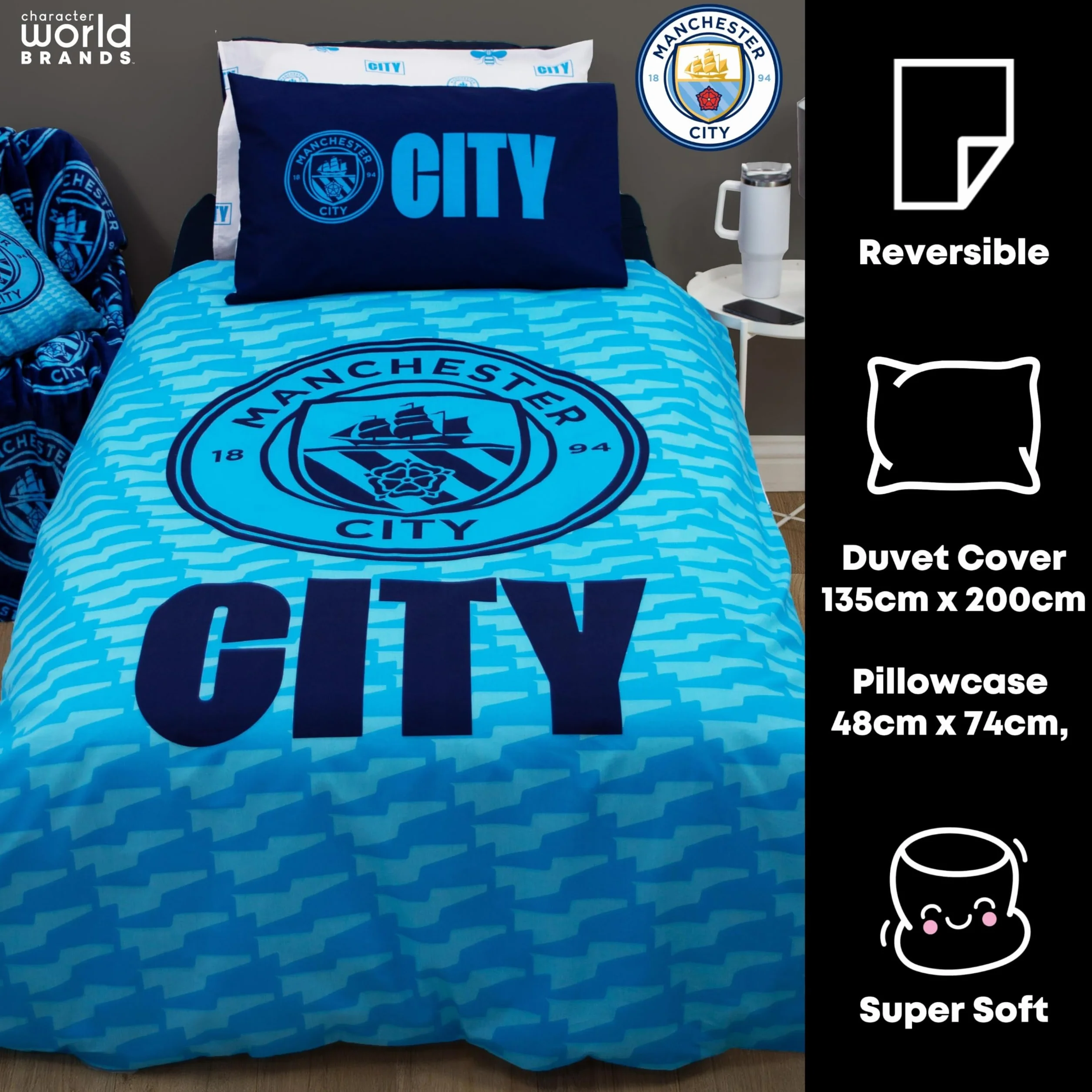 Manchester City Oficjalny Zestaw Poszewek na Kołdrę FC Character World Crestcol Niebieska Dwustronna Piłkarska