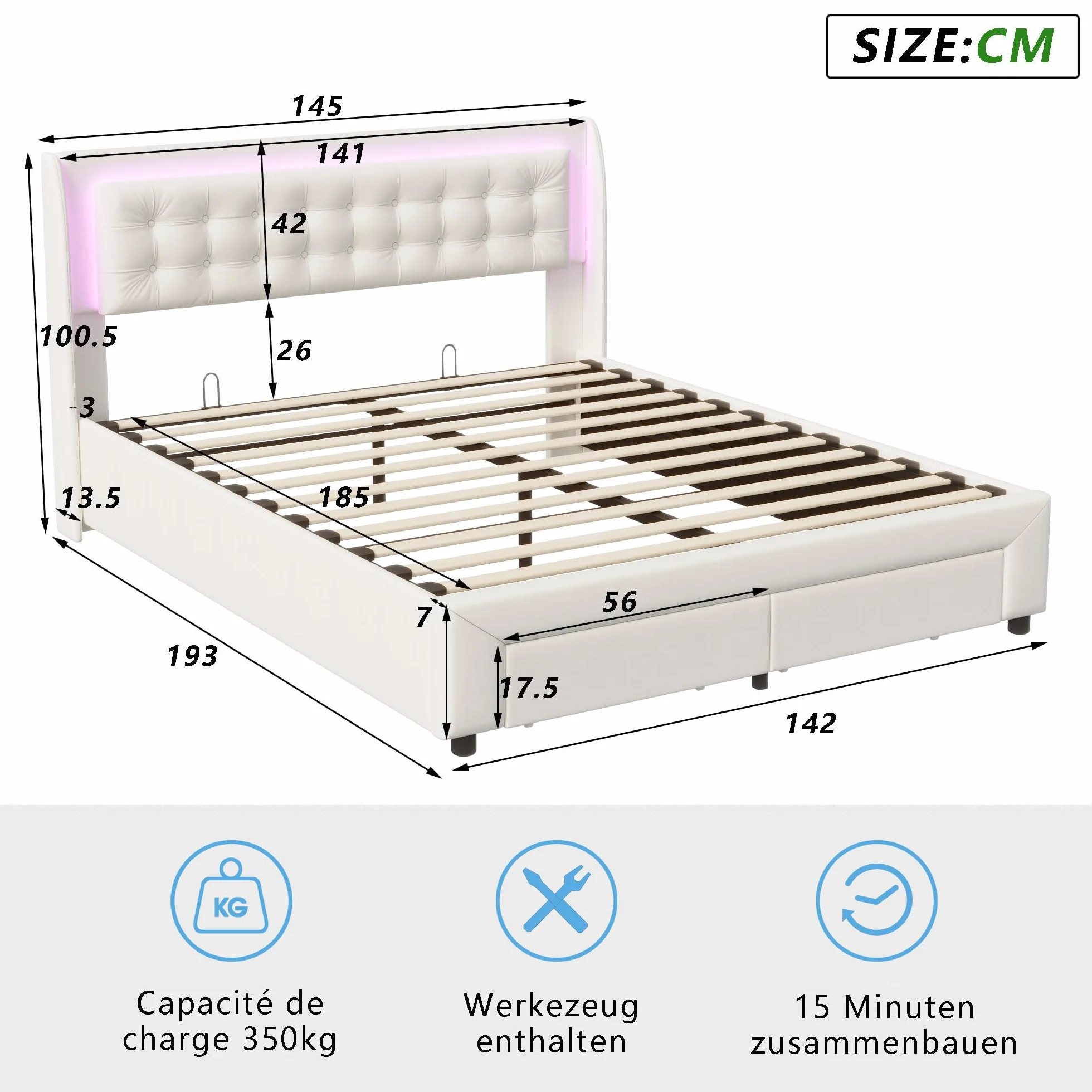 Łóżko tapicerowane 140 x 190 cm LED kontynentalne z szufladami i schowkiem hydraulicznym aksamit