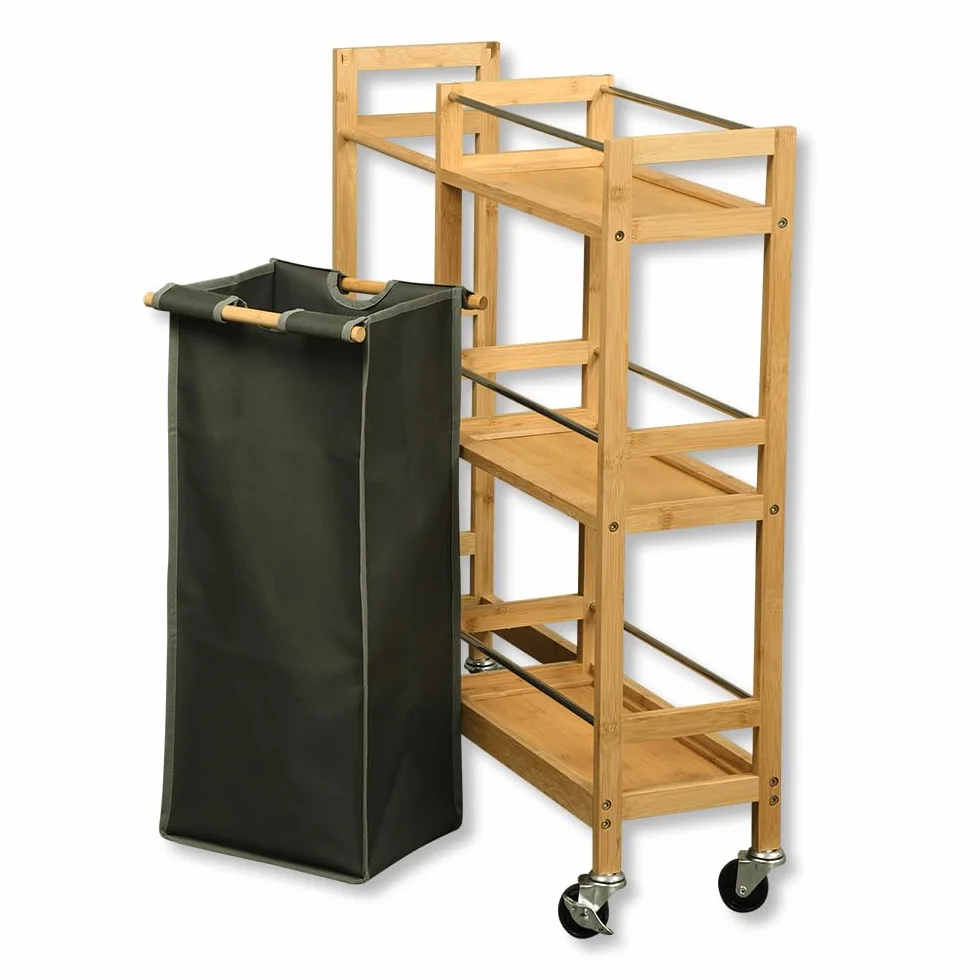 Kesper | Regał wnękowy na kółkach z pojemnikiem na butelki, materiał: bambus, poliester, wymiary: szer. 20 cm, wys. 78 cm, gł. 68 cm, kolor: naturalny, szary | 24857 13