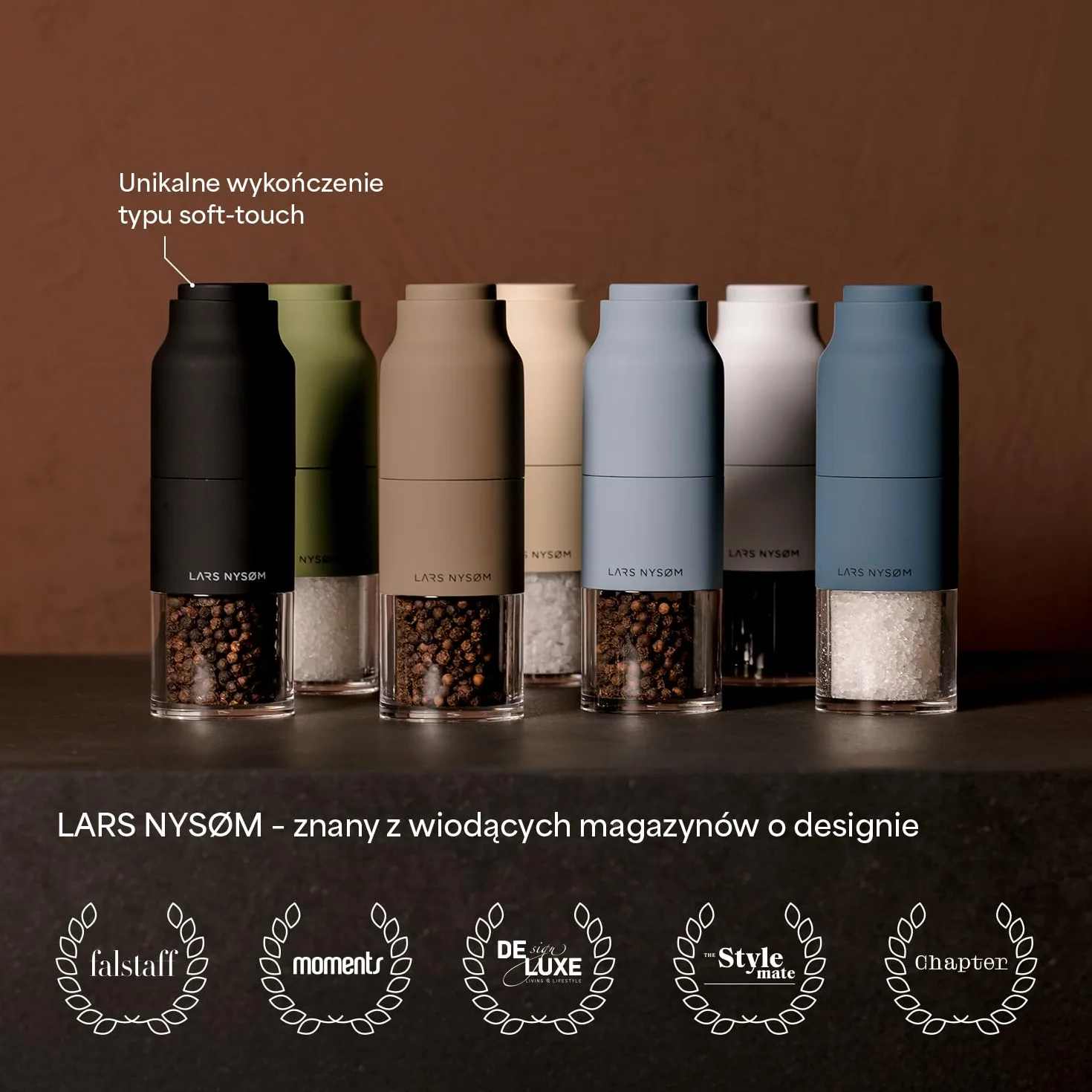 LARS NYSØM Zestaw młynków do soli i pieprzu ze stali nierdzewnej z regulowanym mechanizmem mielącym I Zestaw młynków w butelce (Black/Beige)