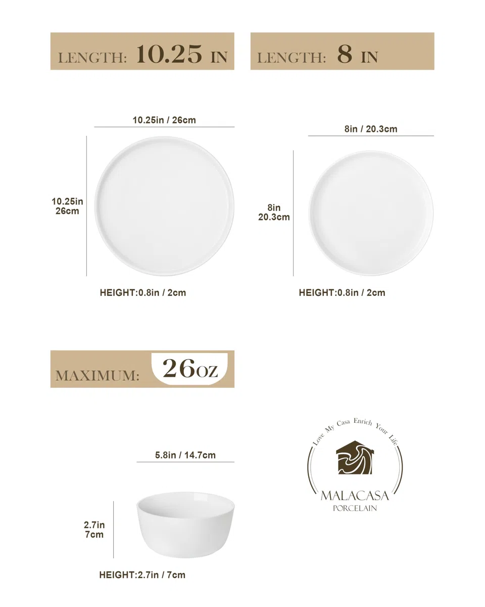 MALACASA 24-częściowy zestaw naczyń obiadowych z porcelany dla smakoszy, wysokiej jakości talerze i miski, wysokiej jakości zestaw naczyń ceramicznych dla 8 osób, odporne na odpryski i zarysowania