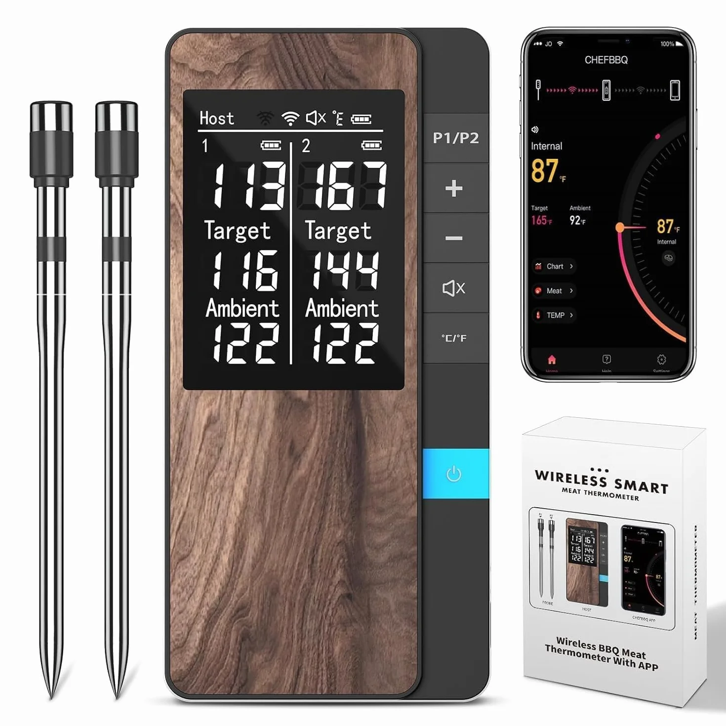 termometr do mięsa, bezprzewodowy, termometr do grilla z podwójną sondą, termometr do grilla z funkcją Bluetooth z aplikacją, wodoodporny IP67, bezprzewodowy termometr do pieczenia do