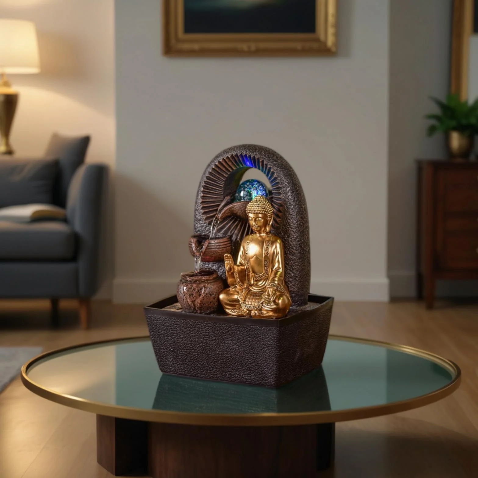 Zen'Light - Fontanna pokojowa Budda Bhava – dekoracja Zen, idealna do medytacji i relaksu – fontanna stołowa z zamkniętym obiegiem – zmieniające się kolory oświetlenie LED, woda przepływa na 3