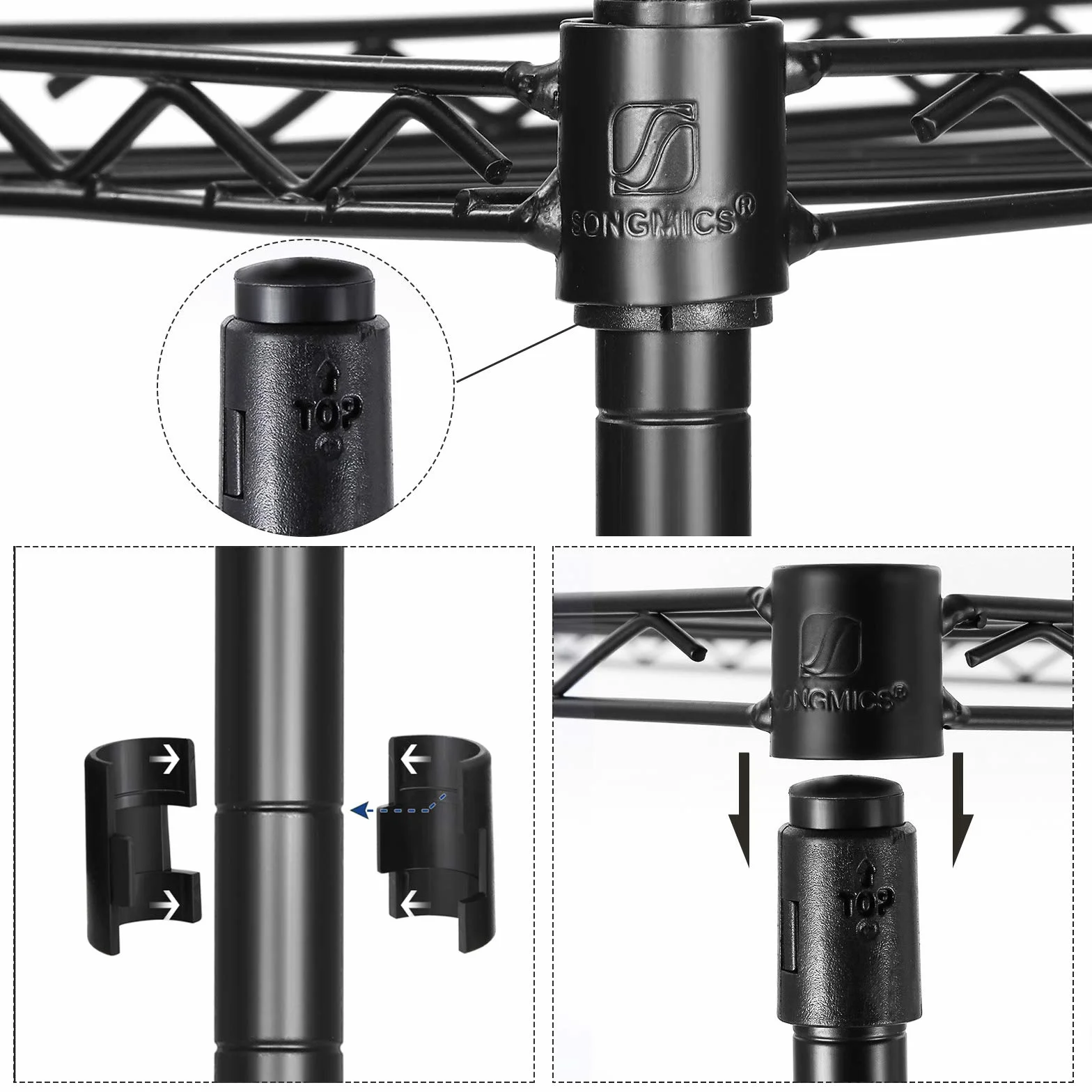 SONGMICS Półka łazienkowa, półka stojąca z metalu, wytrzymała, obciążenie do 100 kg, z 5 panelami PP, z wyjmowanymi haczykami, 30 x 30 x 123,5 cm, do małych pomieszczeń, czarna LGR23BK